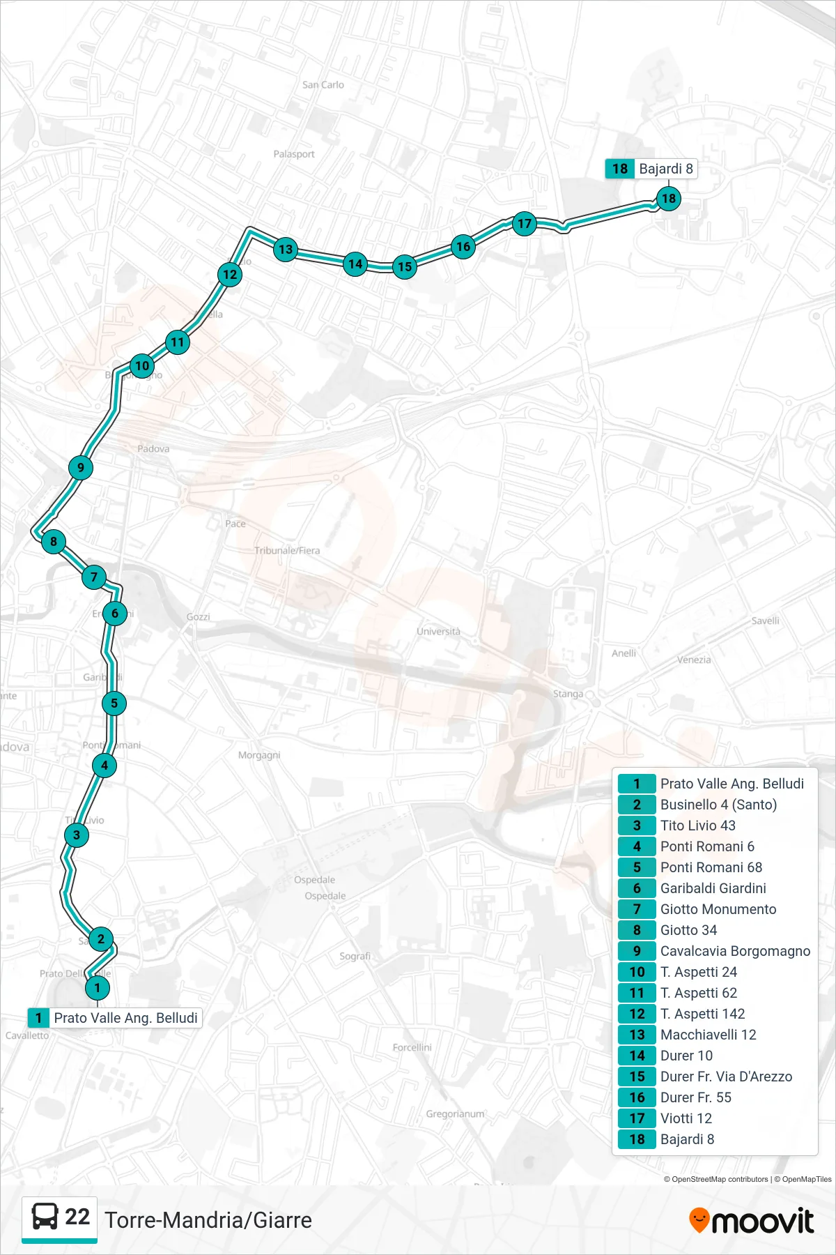 Linea 22 tram (Prato Della Valle > Bajardi 8) - Percorsi e fermate sulla mappa