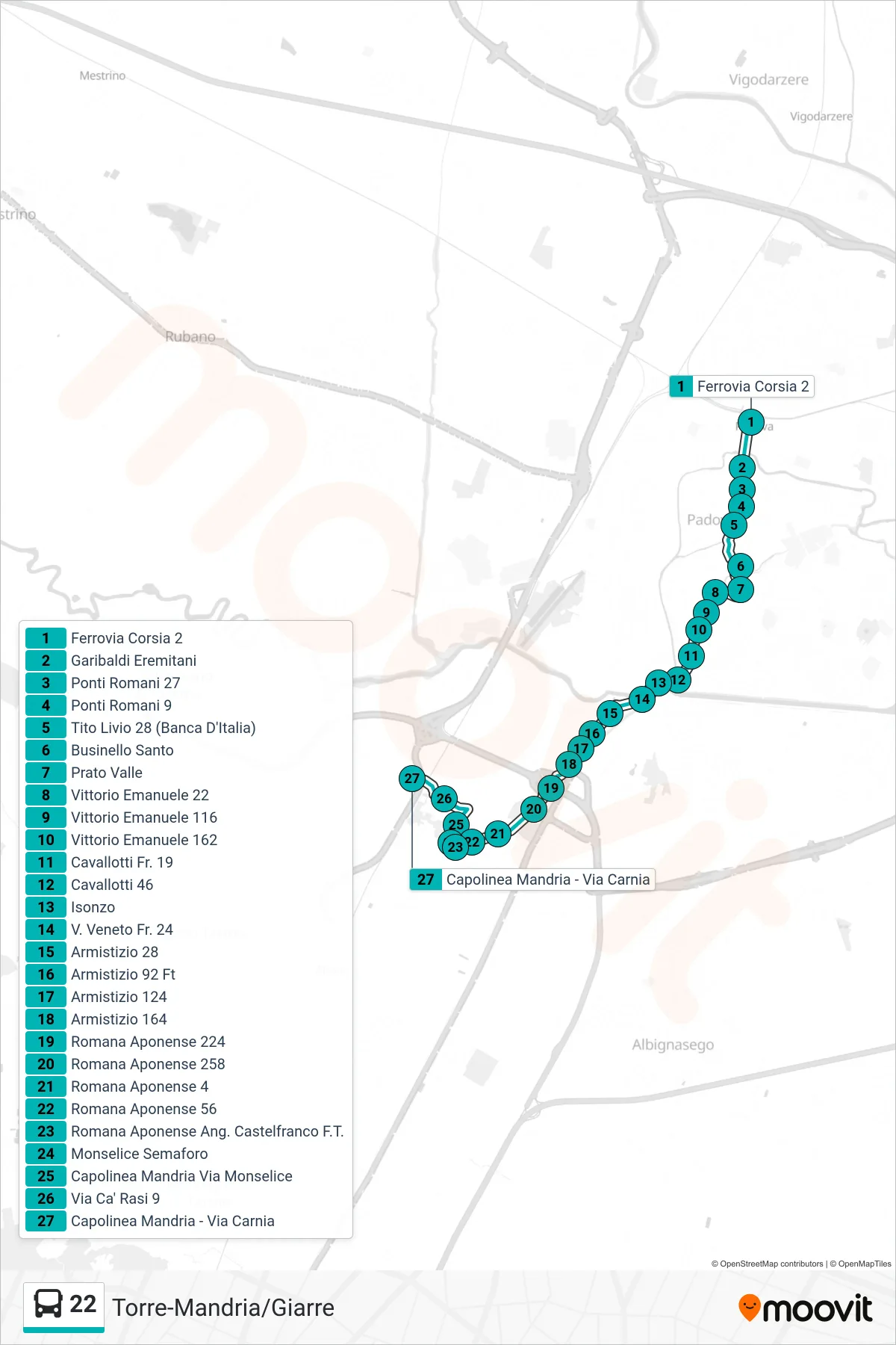 Linea 22 tram (Ferrovia Corsia 2 > Capolinea Mandria - Via Carnia) - Percorsi e fermate sulla mappa