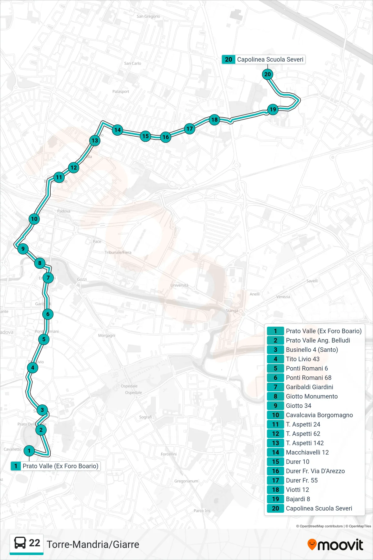 Linea 22 tram (Prato Della Valle (Ex Foro Boario) > Capolinea Scuola Severi) - Percorsi e fermate sulla mappa