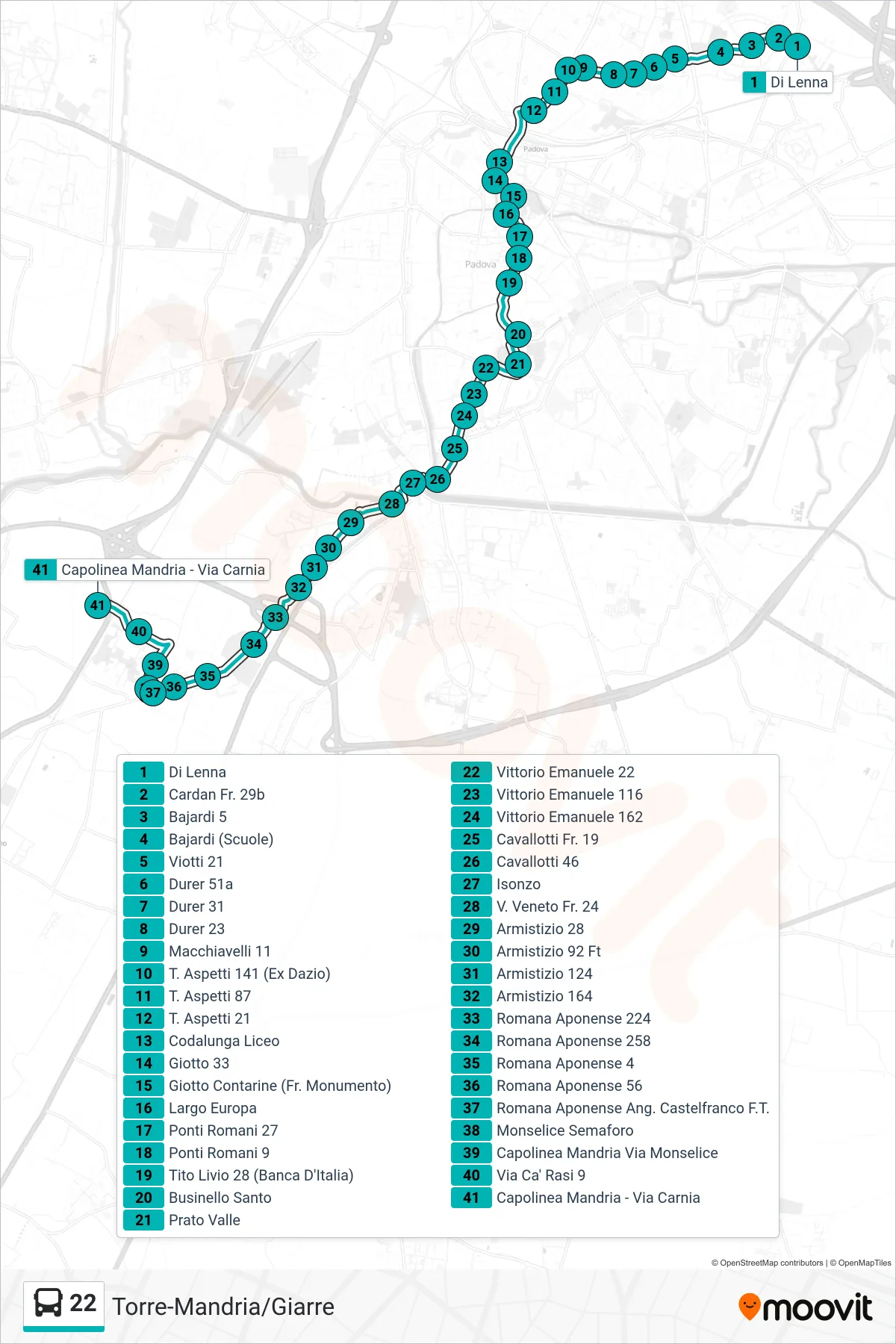 Linea 22 tram (Di Lenna > Capolinea Mandria - Via Carnia) - Percorsi e fermate sulla mappa
