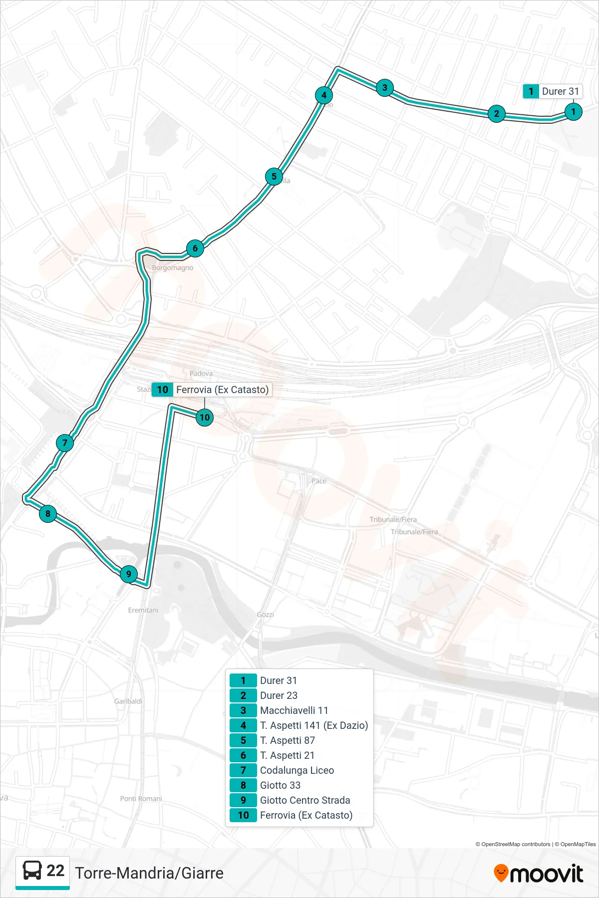 Linea 22 tram (Durer 31 > Ferrovia (Ex Catasto)) - Percorsi e fermate sulla mappa