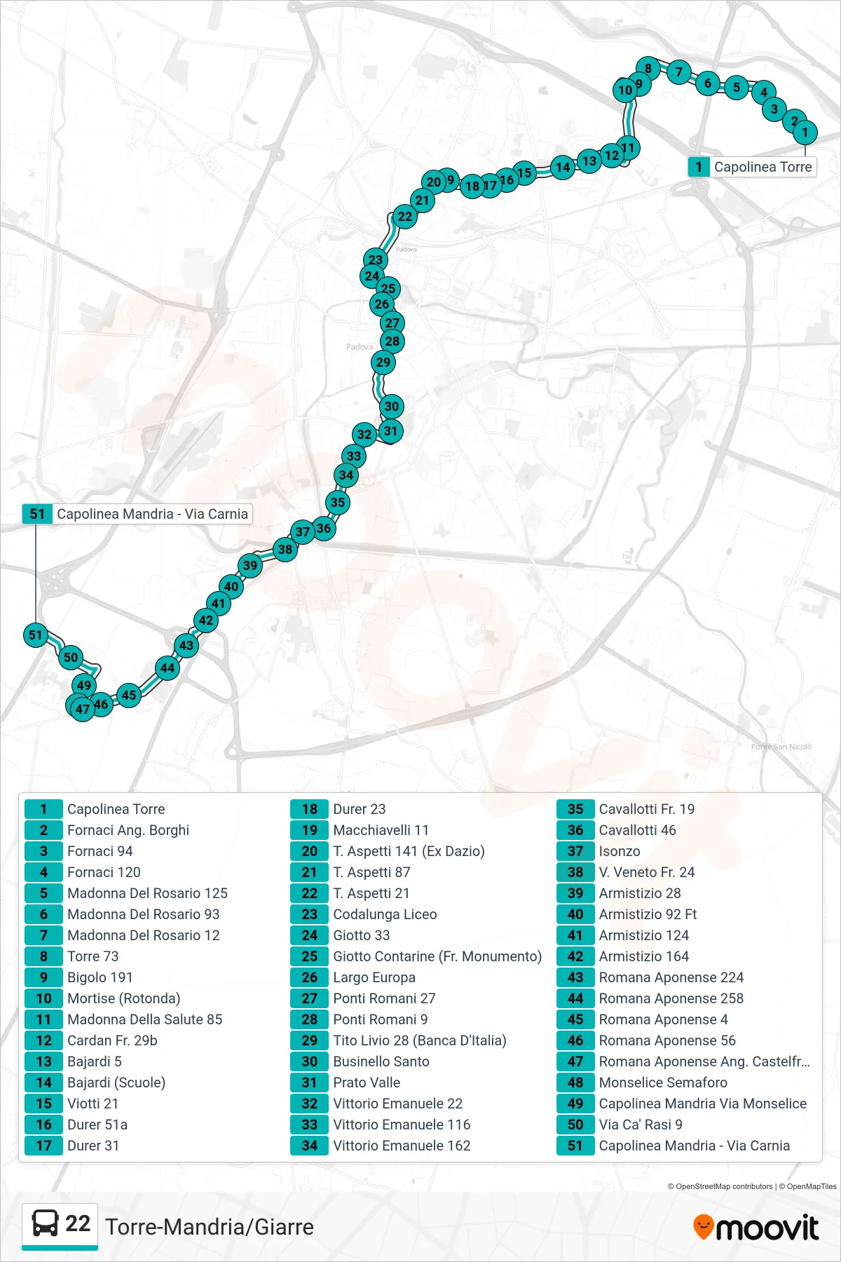 Linea 22 tram (Torre > Capolinea Mandria - Via Carnia) - Percorsi e fermate sulla mappa