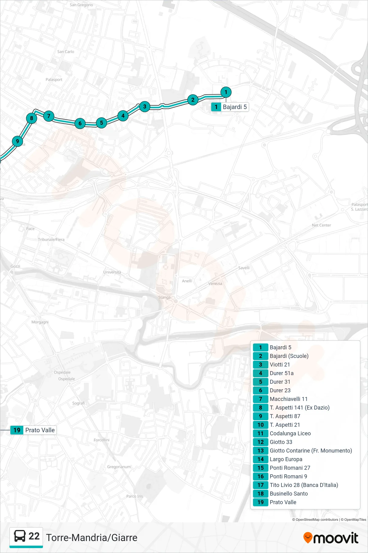 Linea 22 tram (Bajardi 5 > Prato Della Valle) - Percorsi e fermate sulla mappa