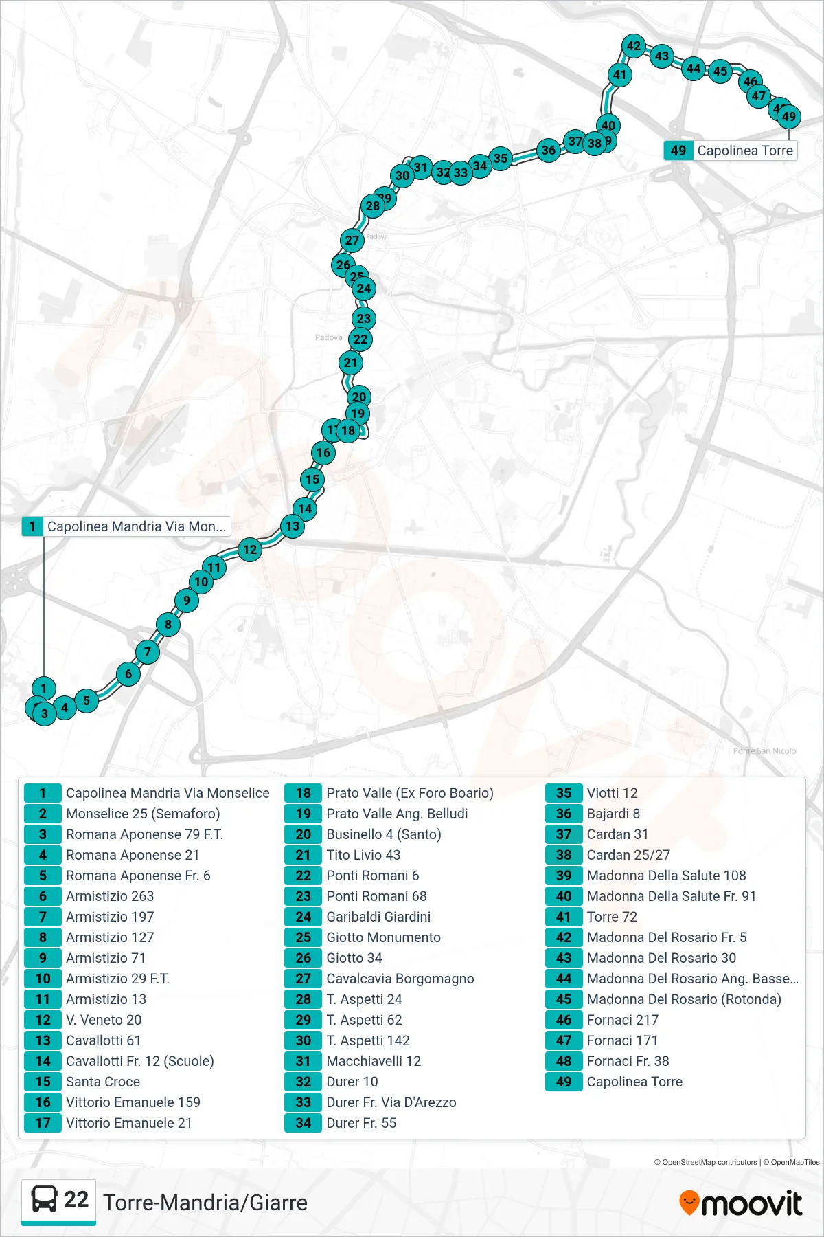 Linea 22  tram (Mandria > Capolinea Torre) - Percorsi e fermate sulla mappa
