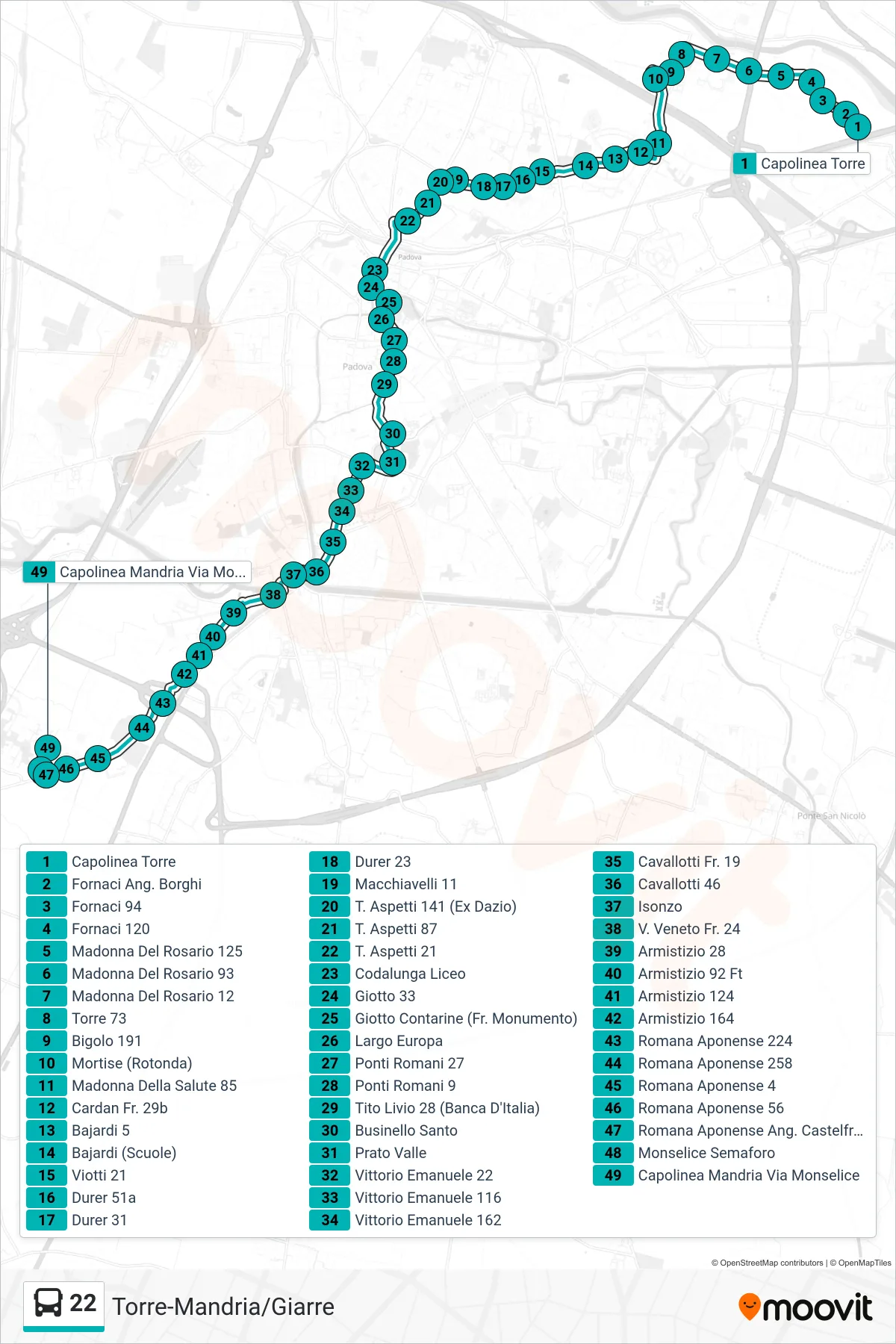 Linea 22 tram (Torre > Capolinea Mandria) - Percorsi e fermate sulla mappa