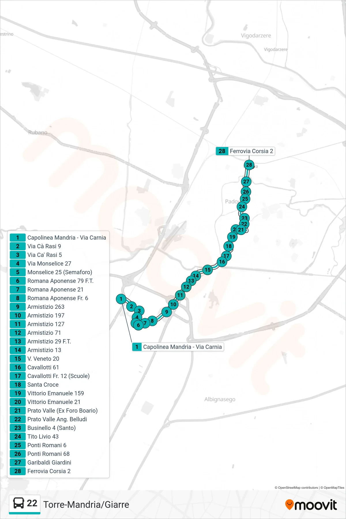 Linea 22 tram (Capolinea Mandria - Via Carnia > Ferrovia Corsia 2) - Percorsi e fermate sulla mappa