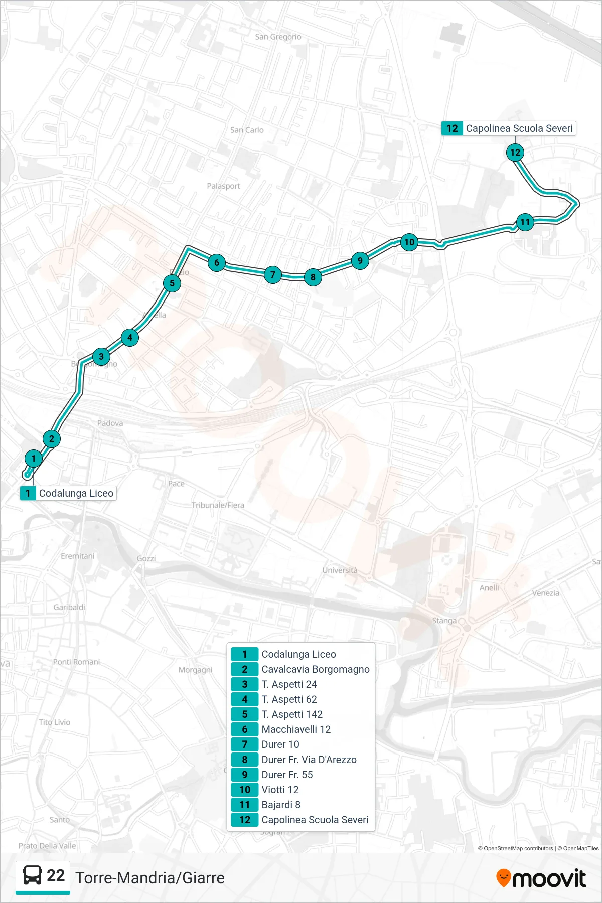 Linea 22  tram (Codalunga Liceo > Capolinea Scuola Severi) - Percorsi e fermate sulla mappa