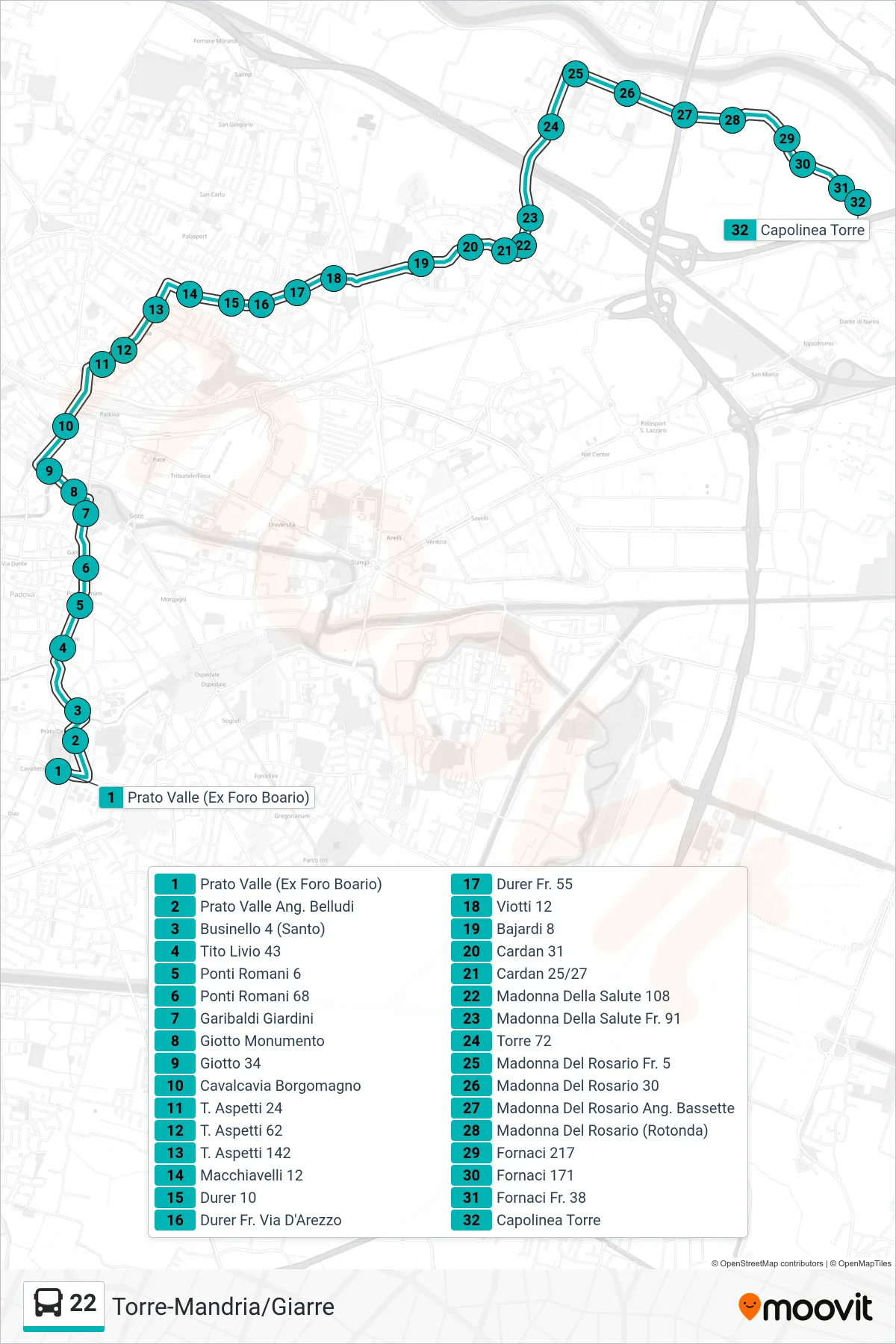 Linea 22  tram (Prato Della Valle (Ex Foro Boario) > Capolinea Torre) - Percorsi e fermate sulla mappa