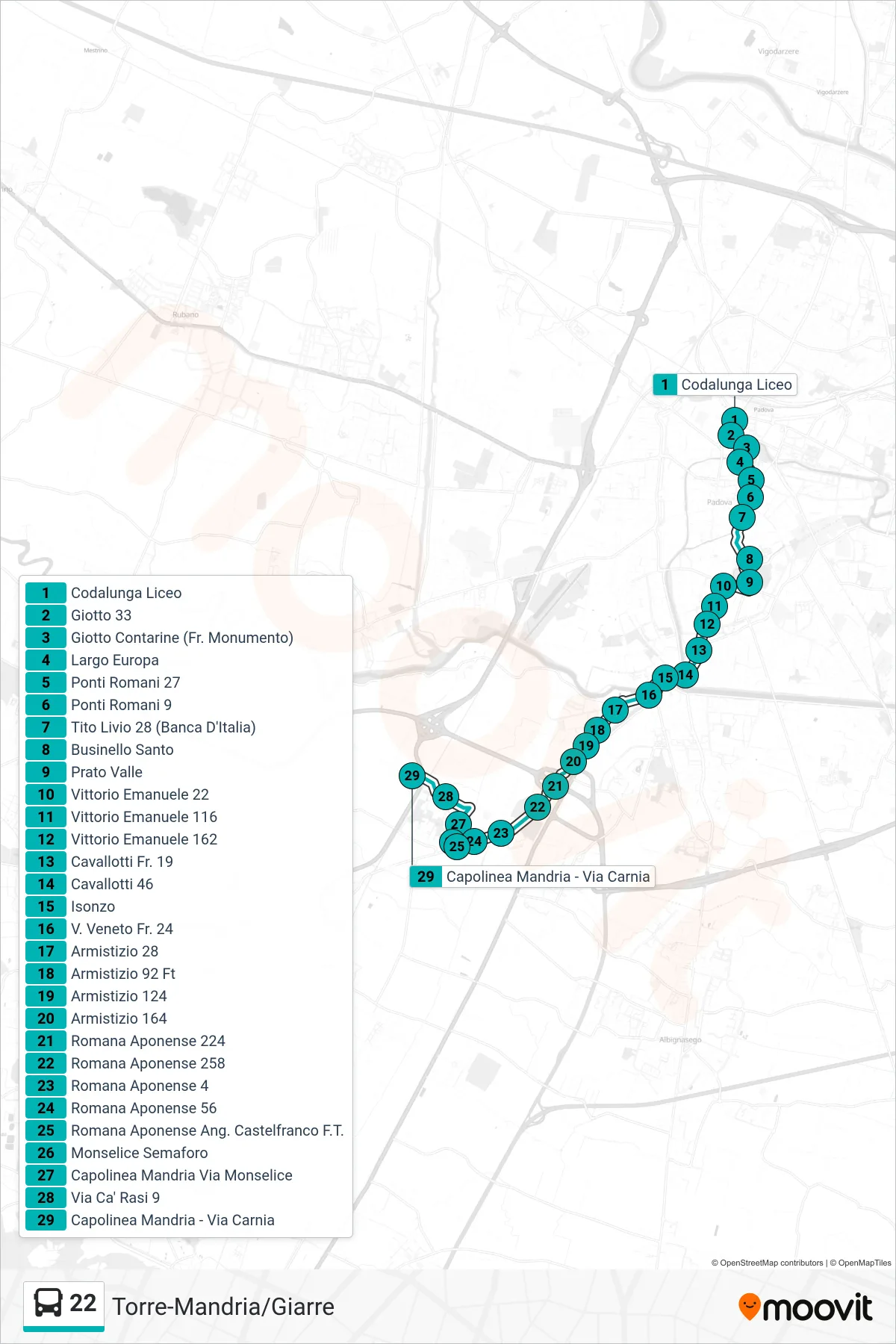 Linea 22 tram (Codalunga Liceo > Capolinea Mandria - Via Carnia) - Percorsi e fermate sulla mappa