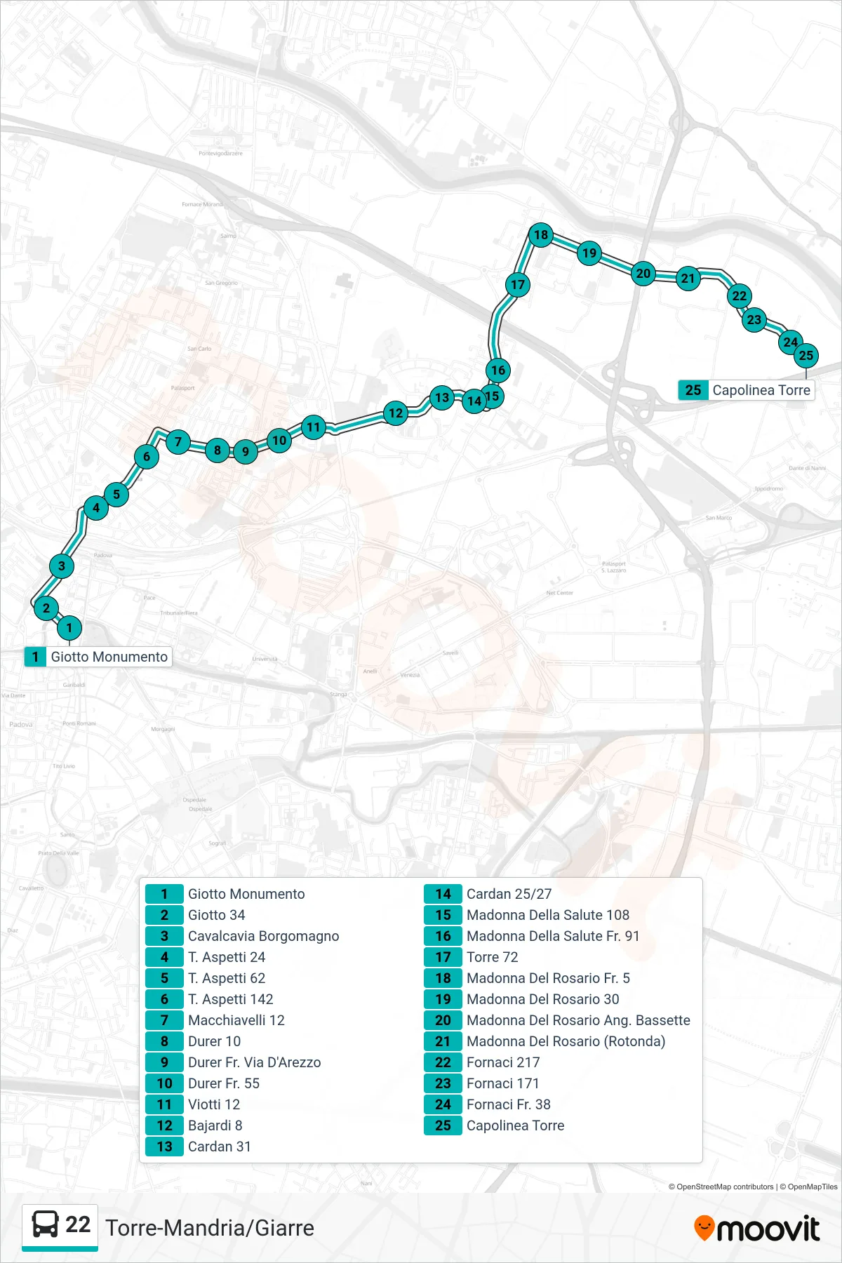 Linea 22 tram (Giotto Monumento > Capolinea Torre) - Percorsi e fermate sulla mappa