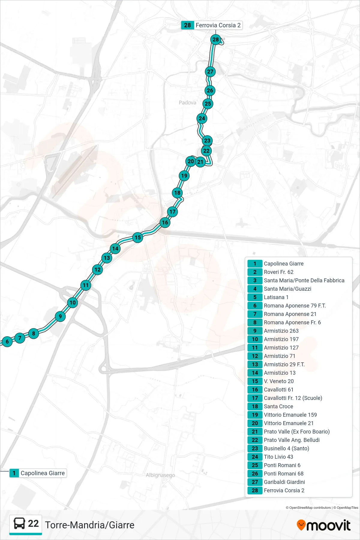 Linea 22 tram (Capolinea Giarre > Ferrovia Corsia 2) - Percorsi e fermate sulla mappa