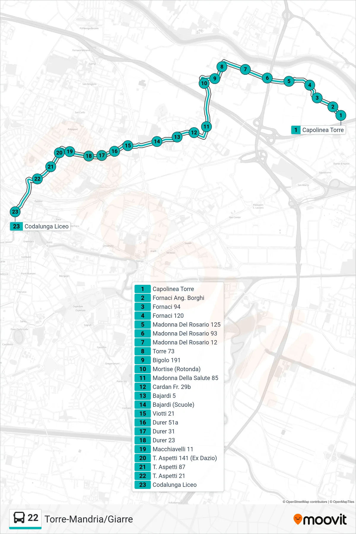 Linea 22 tram (Capolinea Torre > Codalunga Liceo) - Percorsi e fermate sulla mappa