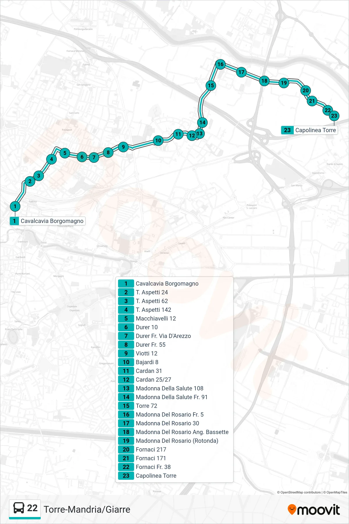 Linea 22  tram (Borgomagno > Capolinea Torre) - Percorsi e fermate sulla mappa