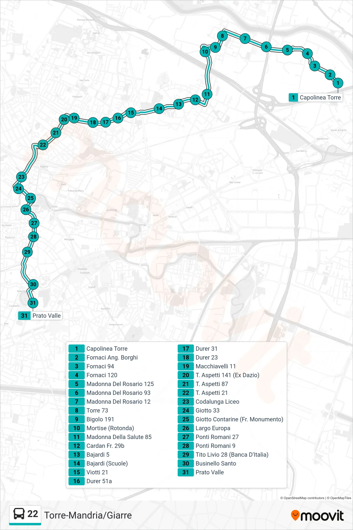 Linea 22  tram (Capolinea Torre > Prato Della Valle) - Percorsi e fermate sulla mappa