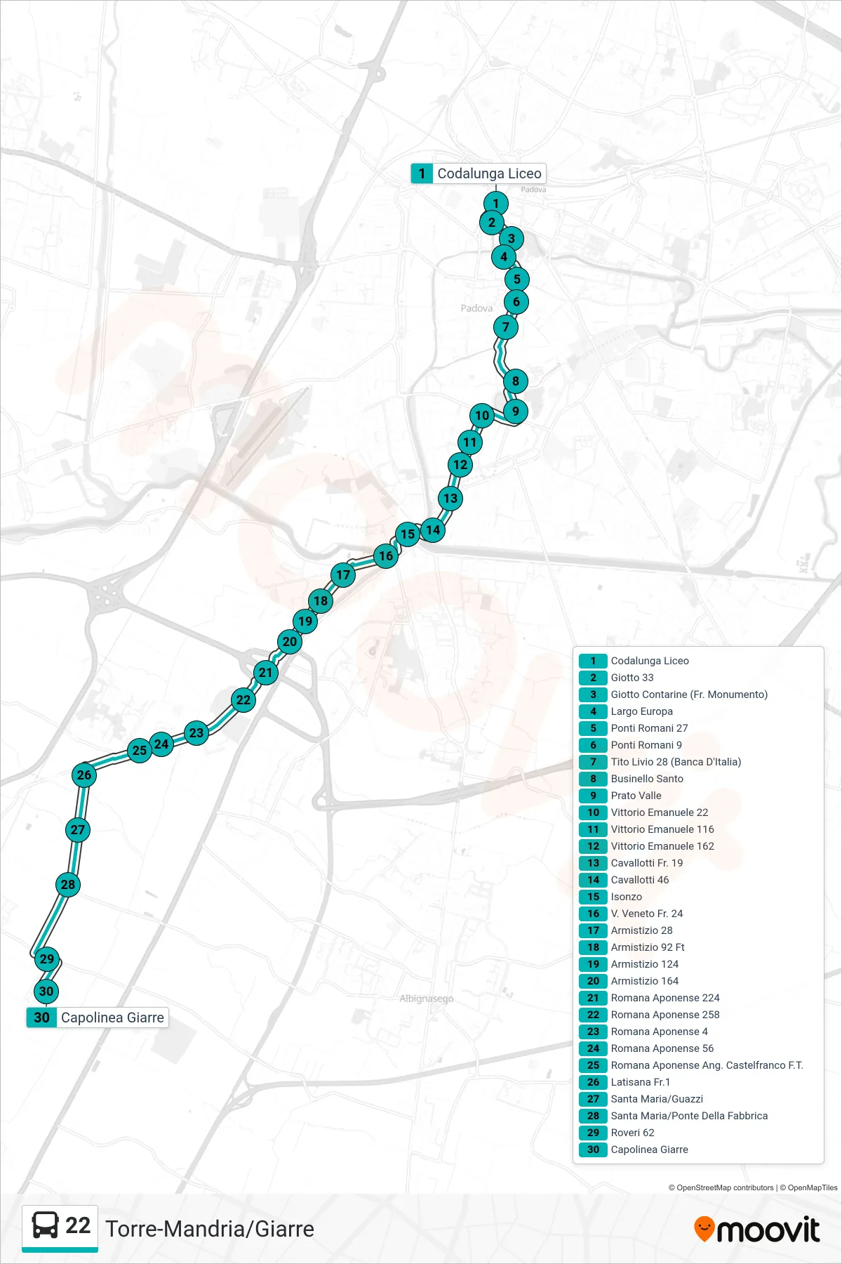 Linea 22 tram (Codalunga Liceo > Capolinea Giarre) - Percorsi e fermate sulla mappa