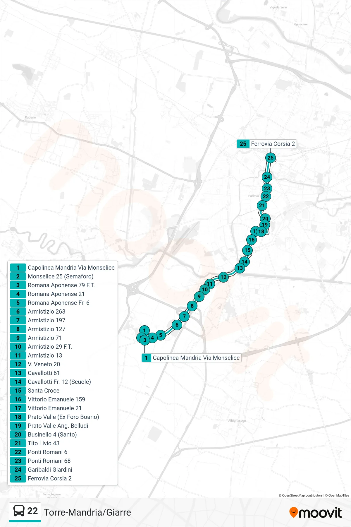 Linea 22  tram (Capolinea Mandria > Ferrovia Corsia 2) - Percorsi e fermate sulla mappa