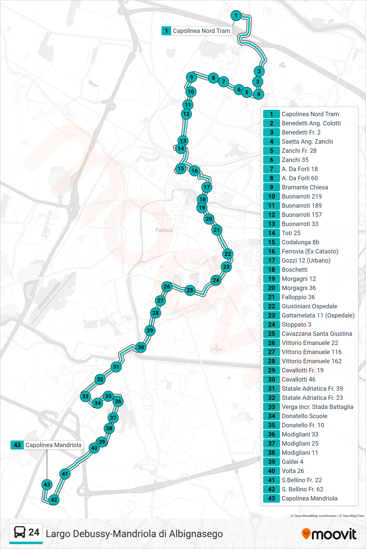 Linea 24  tram (Capolinea Nord Tram > Ferrovia > Mandriola) - Percorsi e fermate sulla mappa