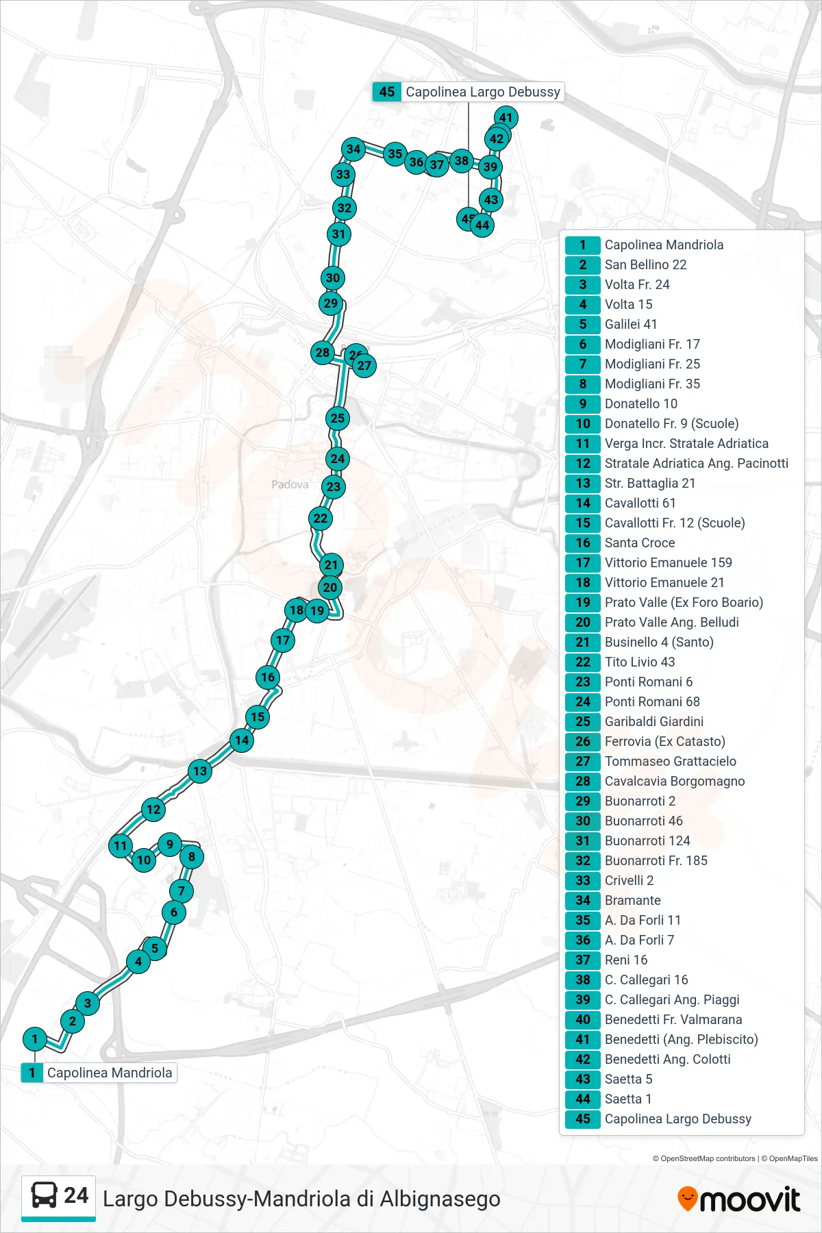 Linea 24 tram (Mandriola > Riviera Tito Livio > Capolinea Largo Debussy) - Percorsi e fermate sulla mappa