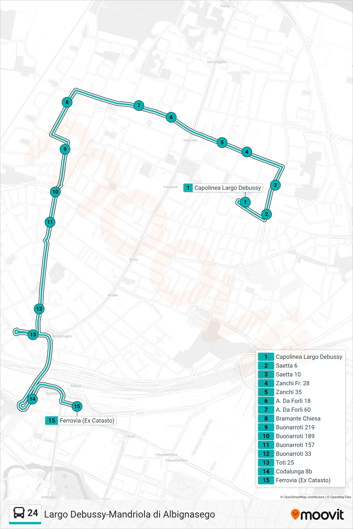 Linea 24  tram (Capolinea Largo Debussy > Ferrovia (Ex Catasto)) - Percorsi e fermate sulla mappa