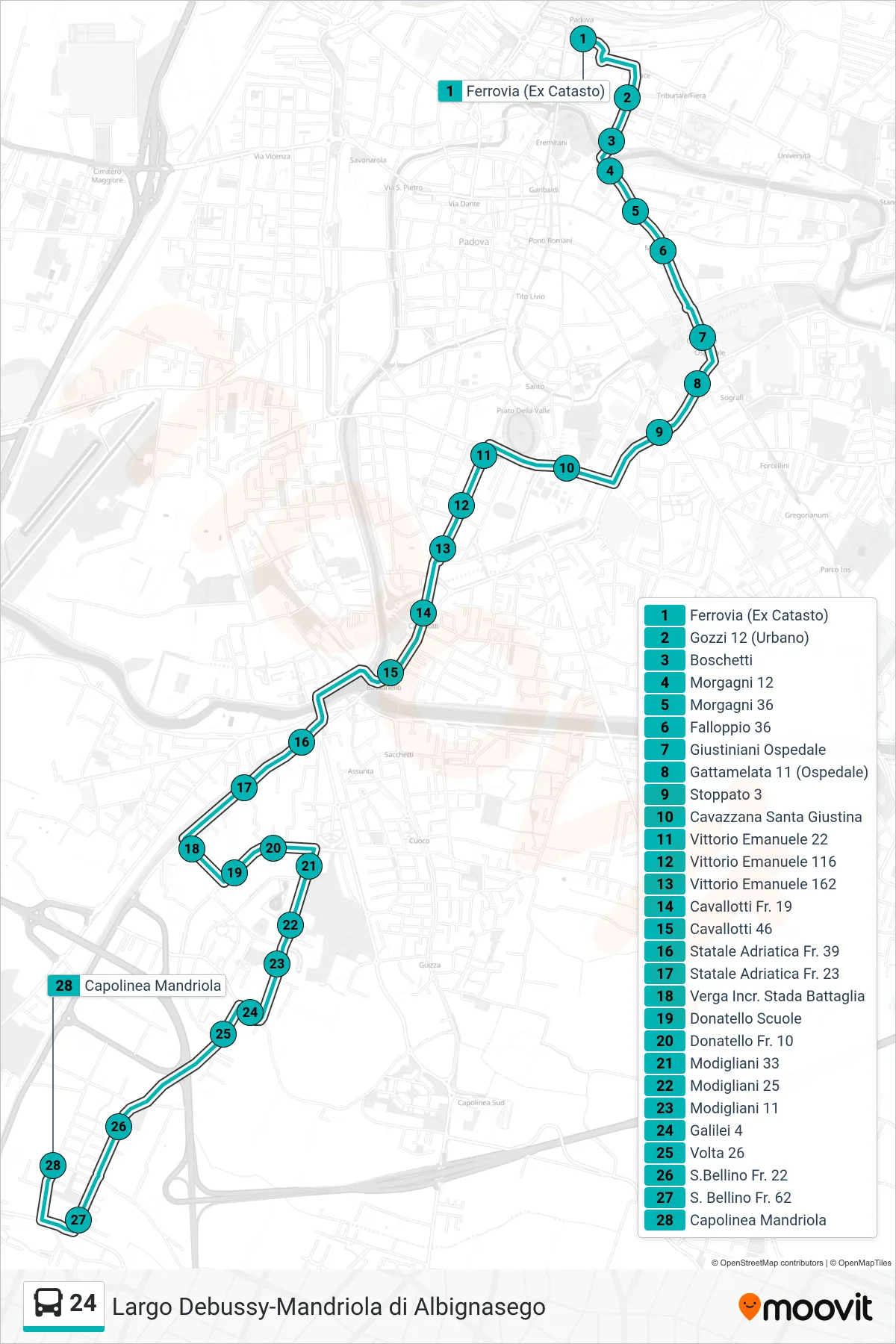 Linea 24 tram (Ferrovia (Ex Catasto) > Capolinea Mandriola) - Percorsi e fermate sulla mappa