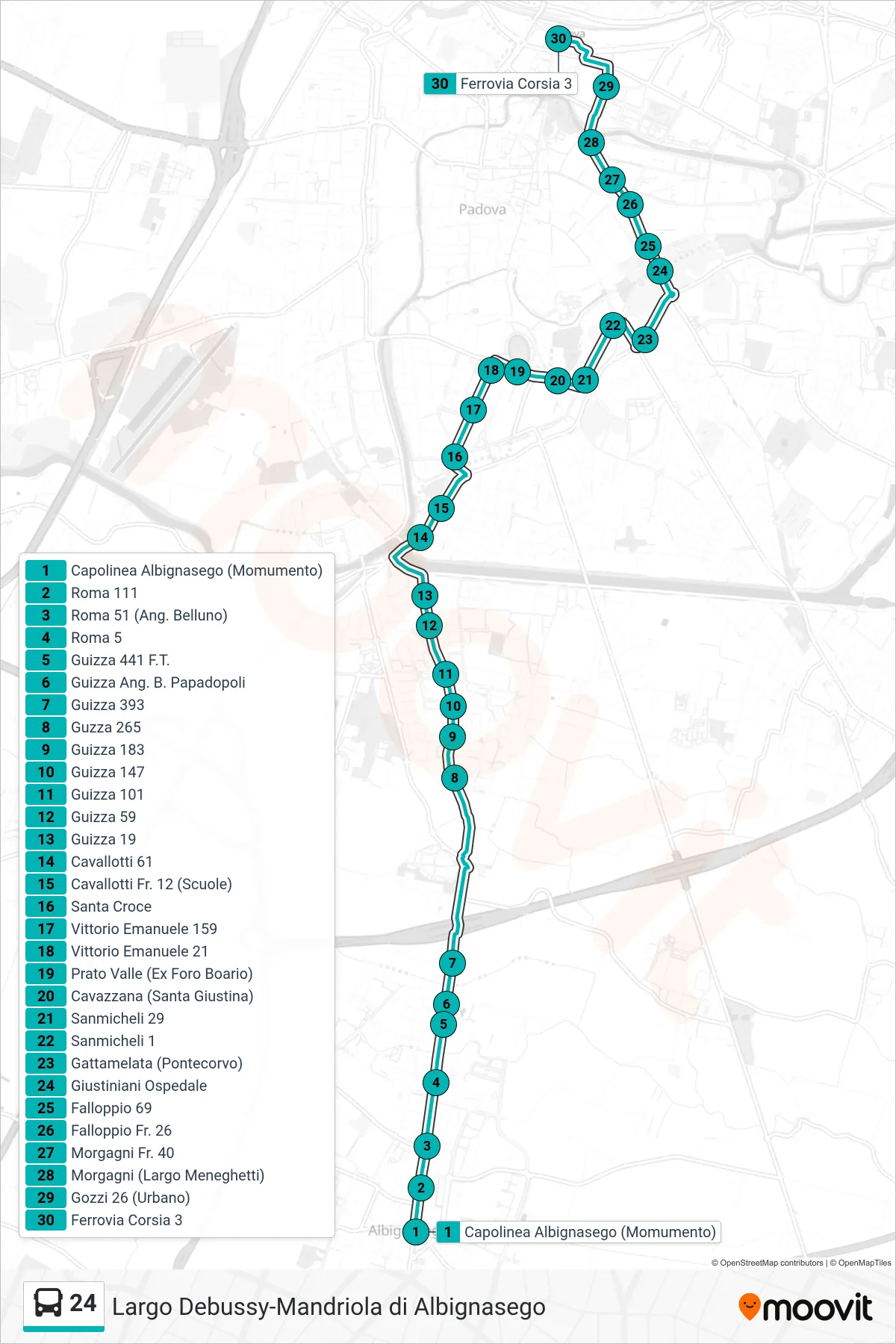 Linea 24 tram (Capolinea Albignasego Monumento > Ferrovia) - Percorsi e fermate sulla mappa