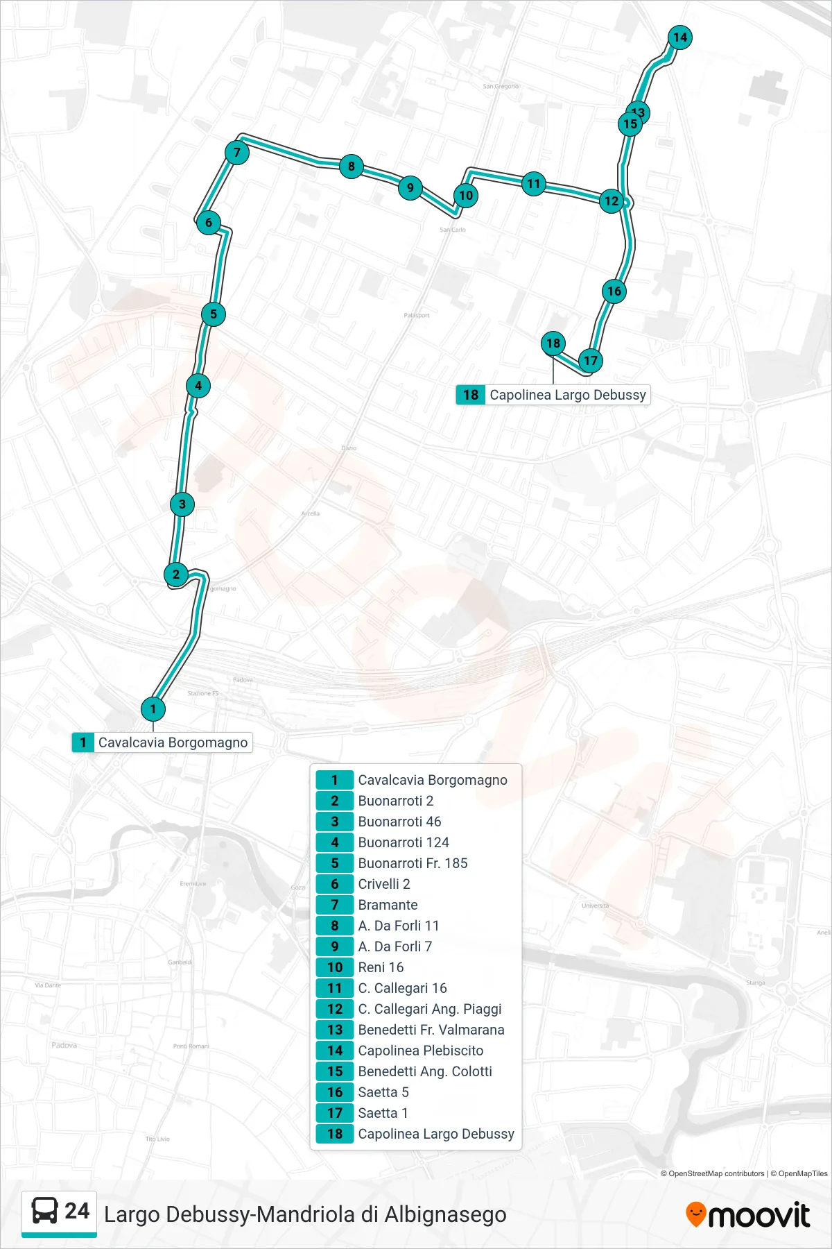 Linea 24  tram (Borgomagno ➡️ Plebiscito ➡️ Capolinea Largo Debussy) - Percorsi e fermate sulla mappa