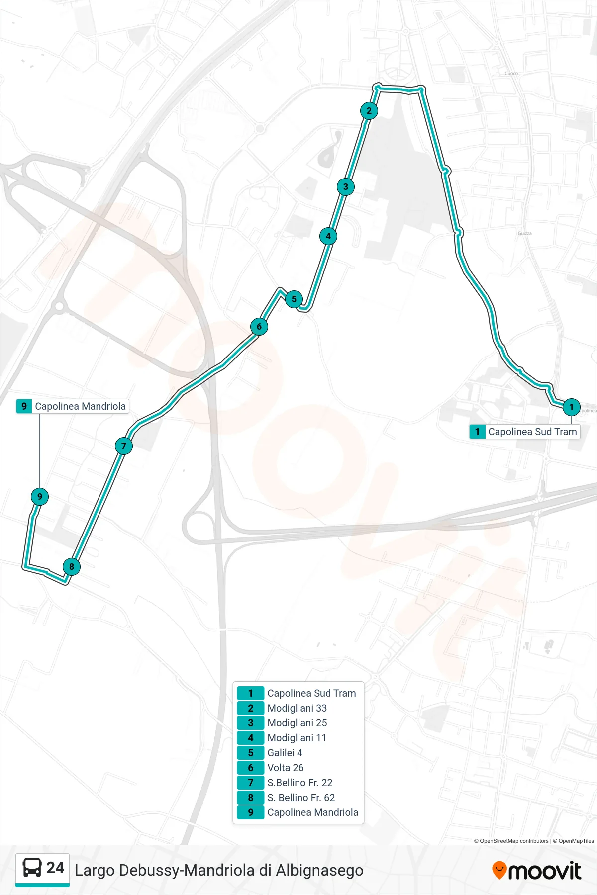 Linea 24 tram (Capolinea Sud Tram > Mandriola) - Percorsi e fermate sulla mappa