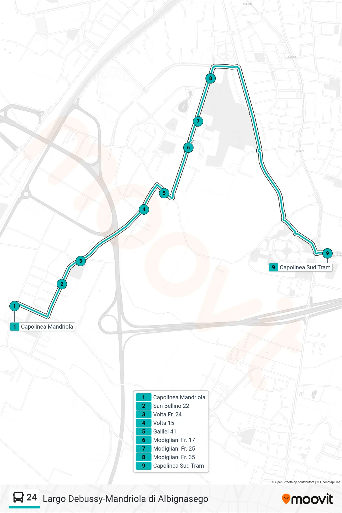 Linea 24 tram (Mandriola > Capolinea Sud Tram) - Percorsi e fermate sulla mappa