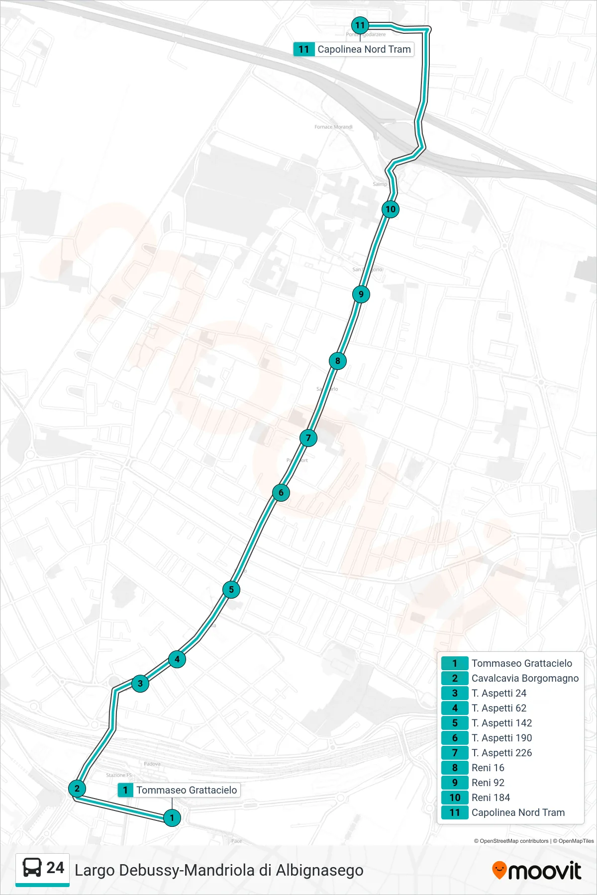 Linea 24  tram (Tommaseo Grattacielo > Capolinea Nord Tram) - Percorsi e fermate sulla mappa