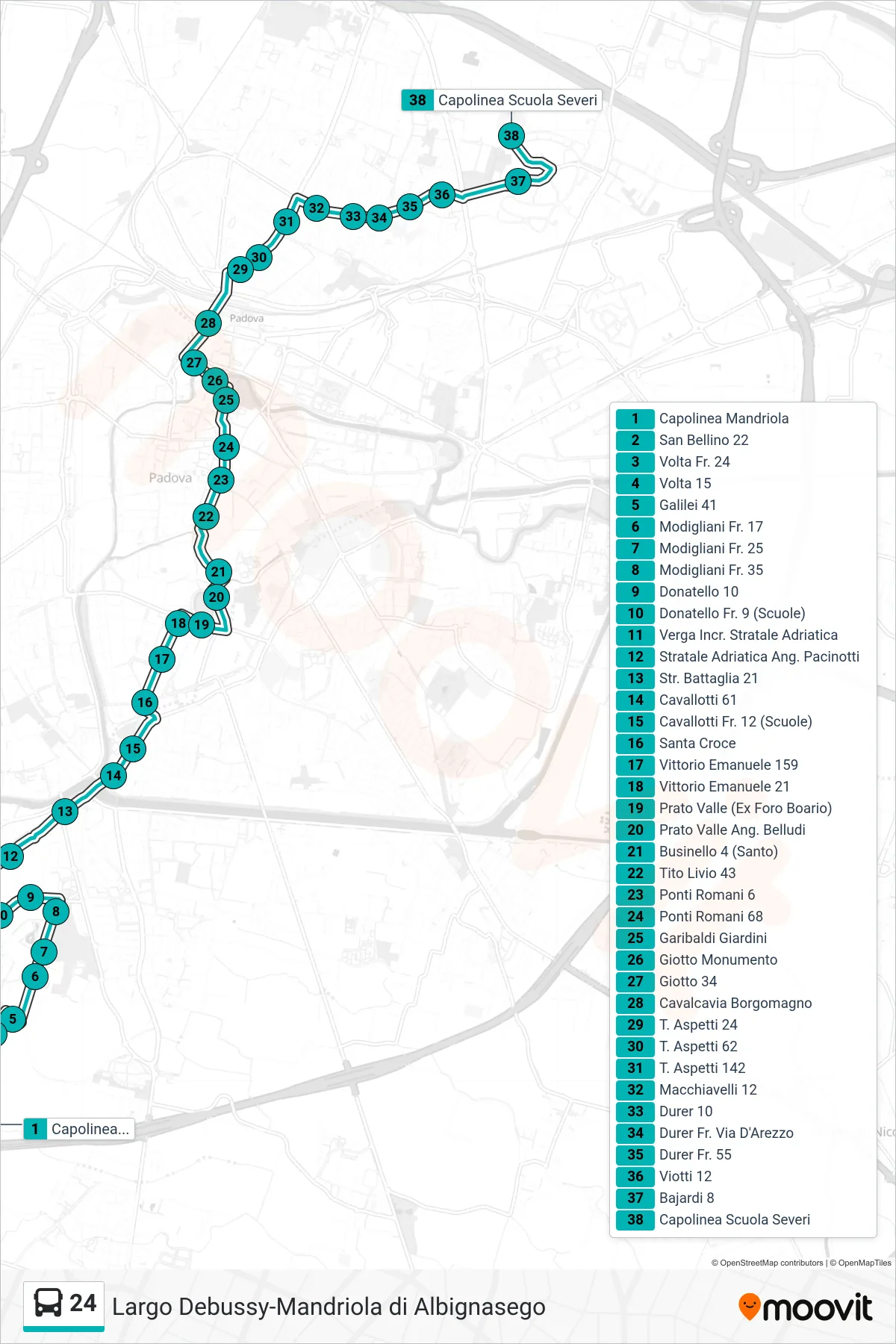Linea 24 tram (Mandriola > Prato Valle > Riviera Tito Livio > Capolinea Scuola Severi) - Percorsi e fermate sulla mappa