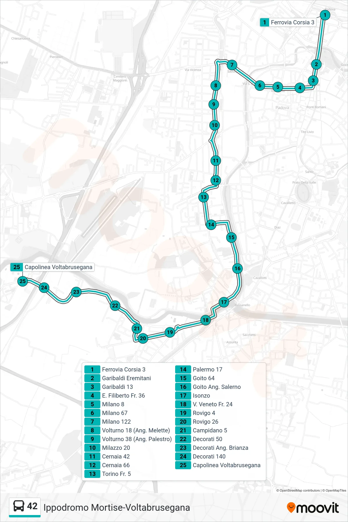 Linea 42 tram (Ferrovia > Capolinea Voltabrusegana) - Percorsi e fermate sulla mappa