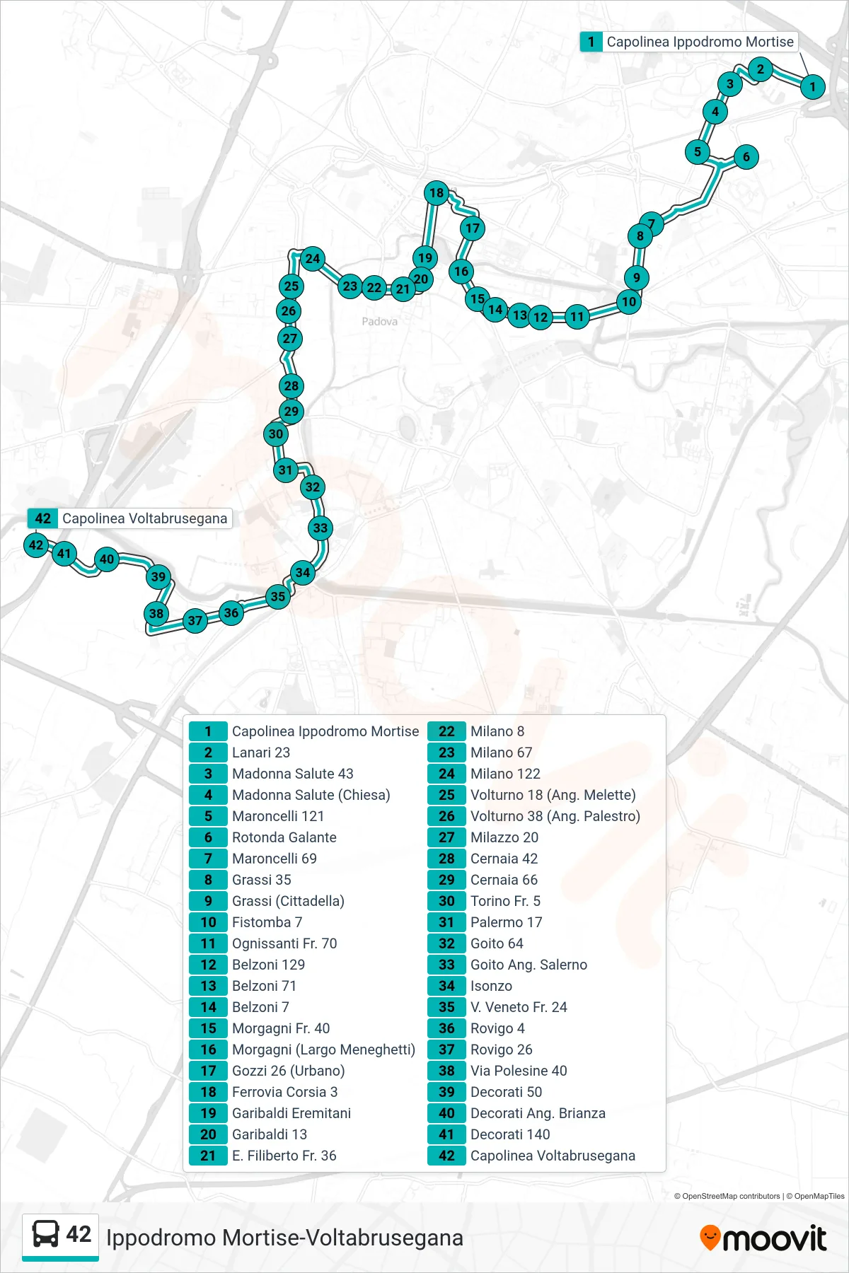 Linea 42 tram (Ippodromo Mortise > Capolinea Voltabrusegana) - Percorsi e fermate sulla mappa
