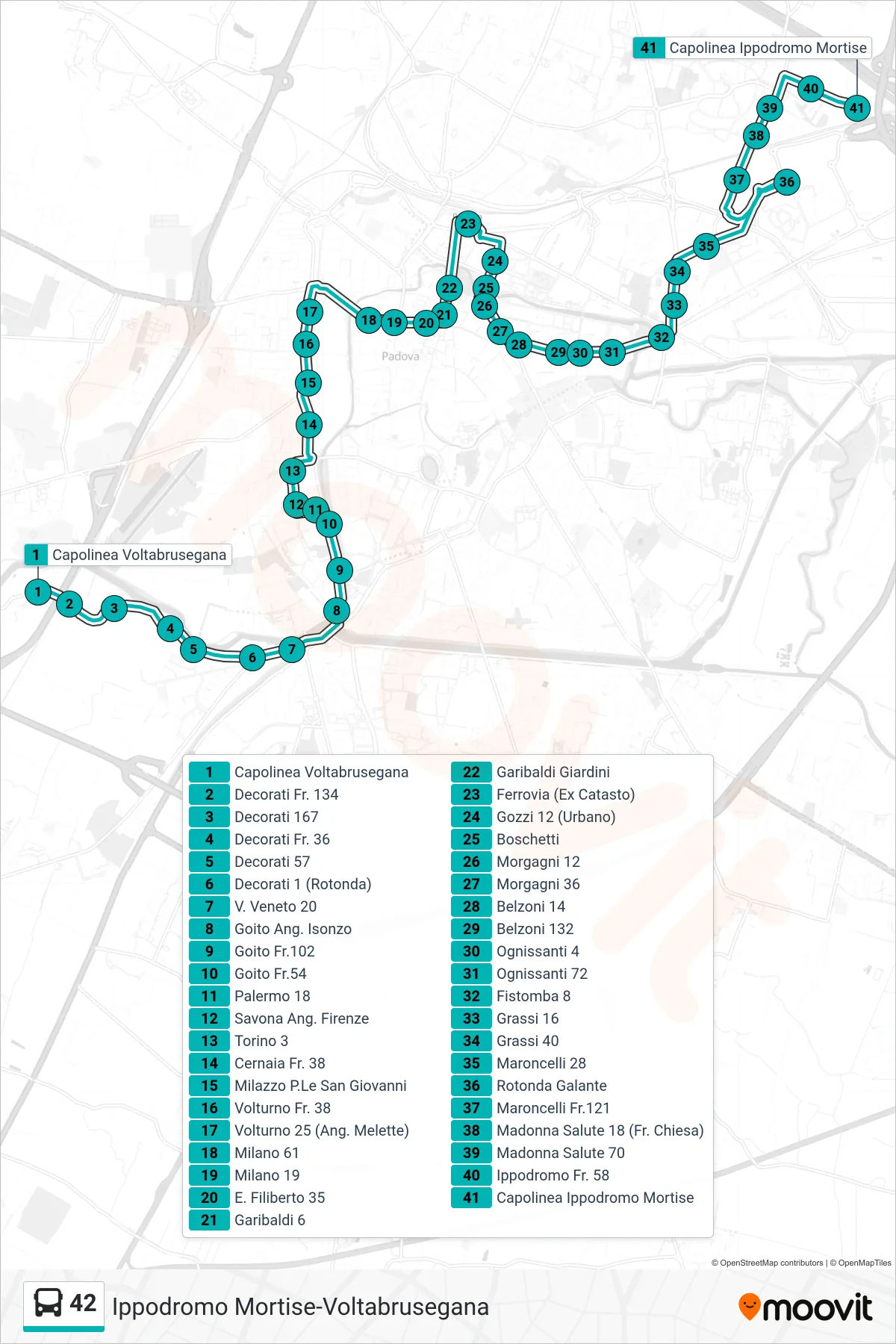 Linea 42 tram (Capolinea Voltabrusegana > Ippodromo Mortise) - Percorsi e fermate sulla mappa