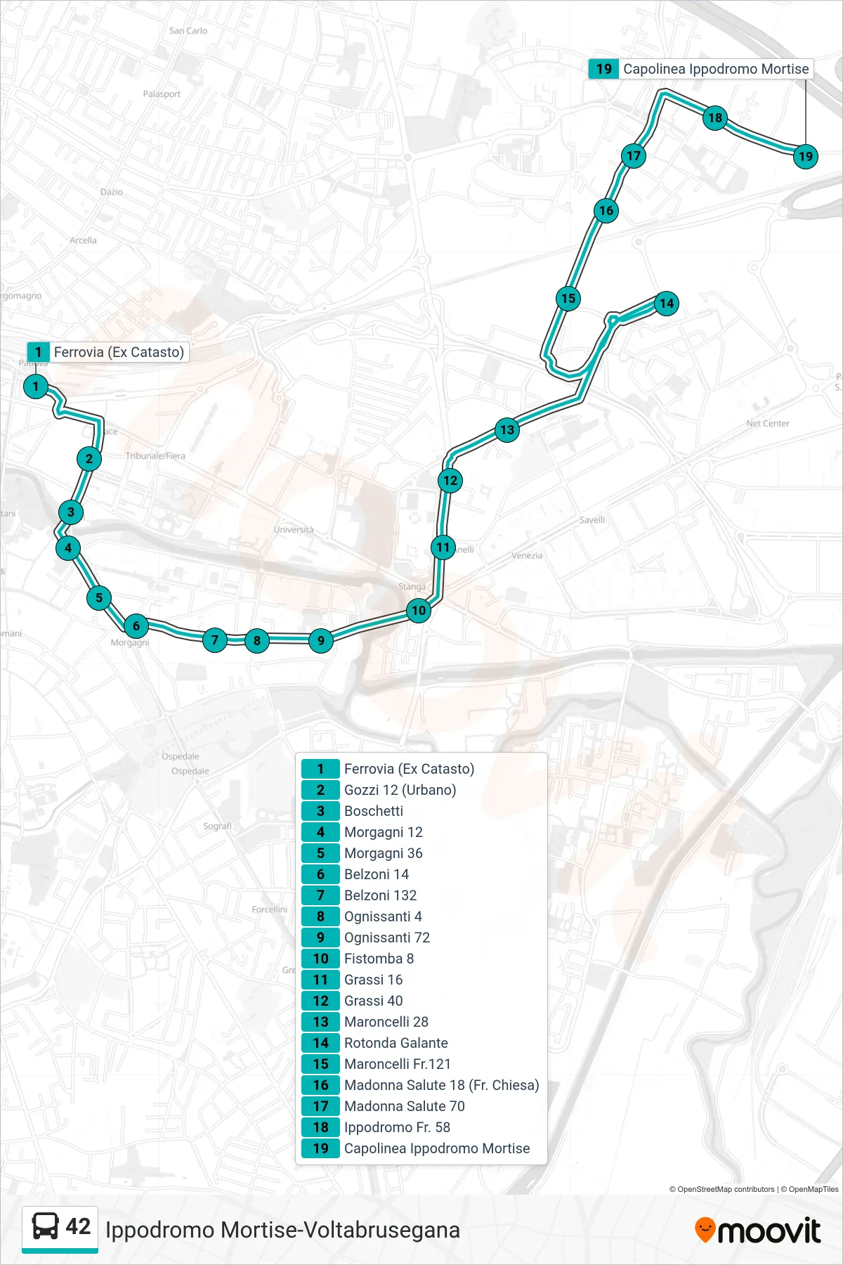 Linea 42 tram (Ferrovia (Ex Catasto) > Capolinea Ippodromo Mortise) - Percorsi e fermate sulla mappa