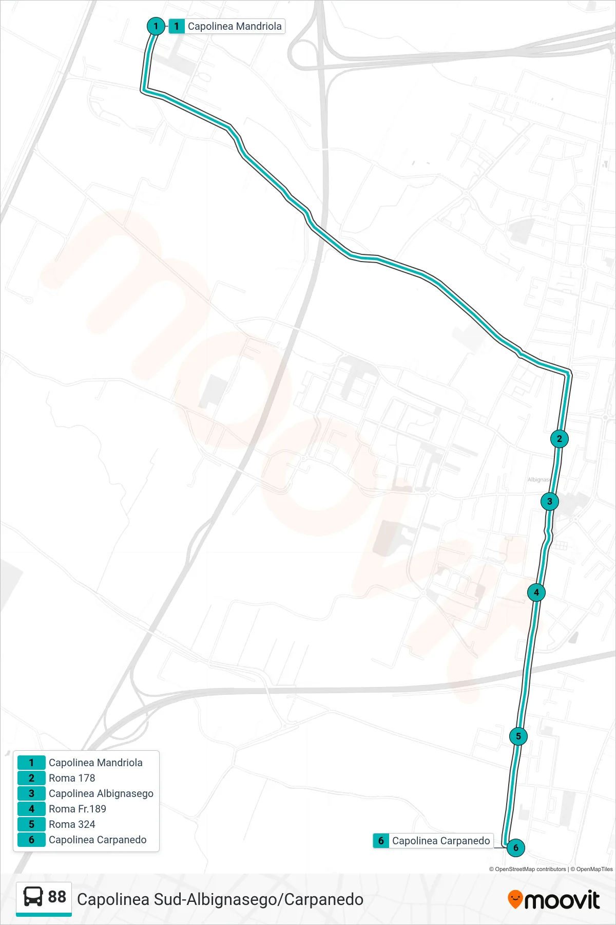 Linea 88 tram (Mandriola > Albignasego > Capolinea Carpanedo) - Percorsi e fermate sulla mappa