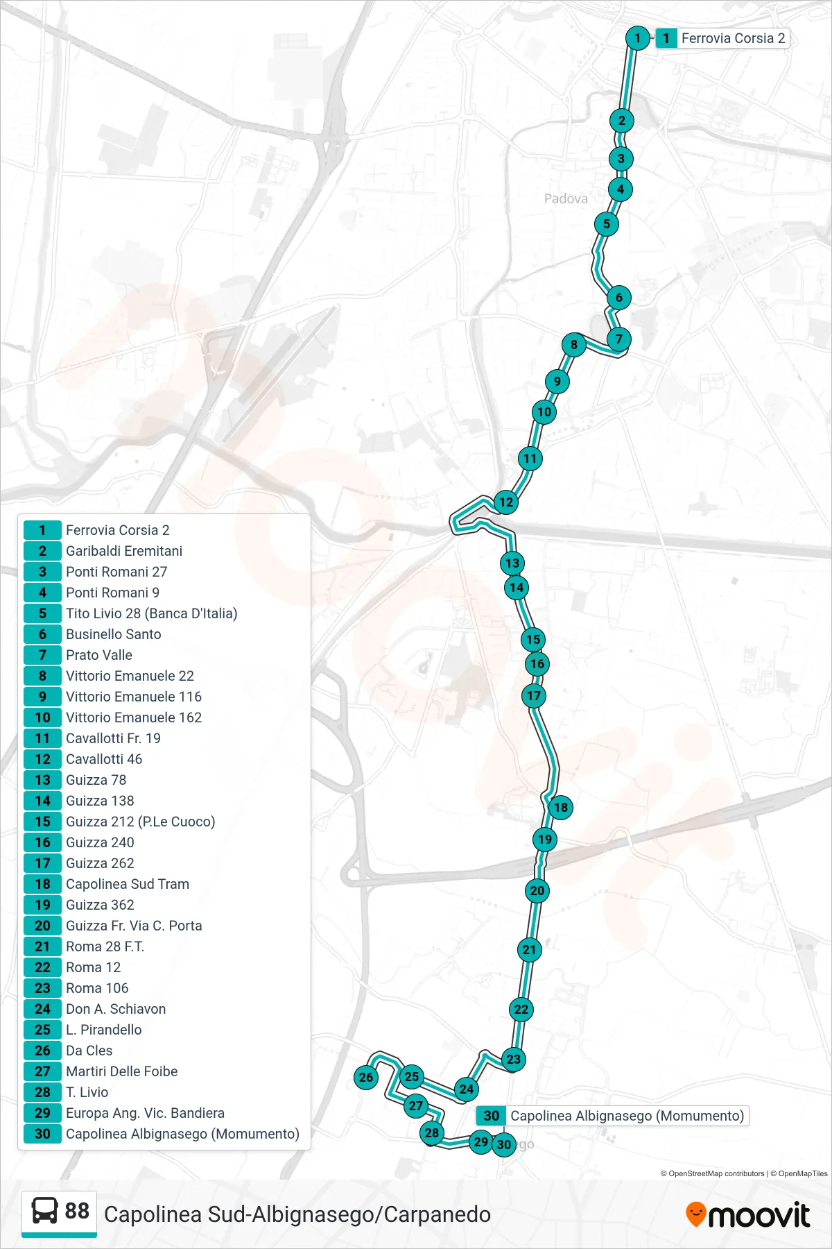 Linea 88 tram (Ferrovia > Capolinea Sud Tram > San Tommaso > Albignasego Monumento) - Percorsi e fermate sulla mappa
