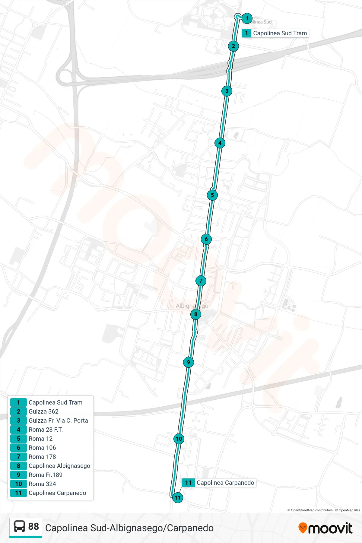 Linea 88  tram (Capolinea Sud Tram > Carpanedo) - Percorsi e fermate sulla mappa