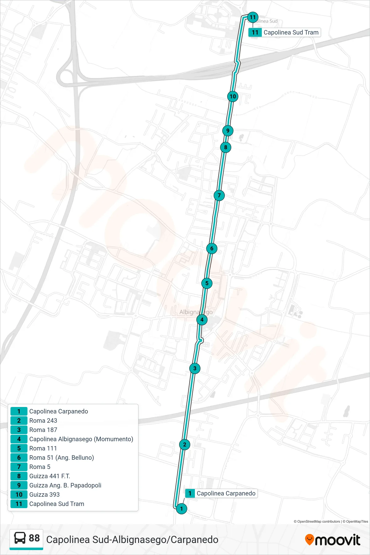 Linea 88  tram (Carpanedo > Capolinea Sud Tram) - Percorsi e fermate sulla mappa