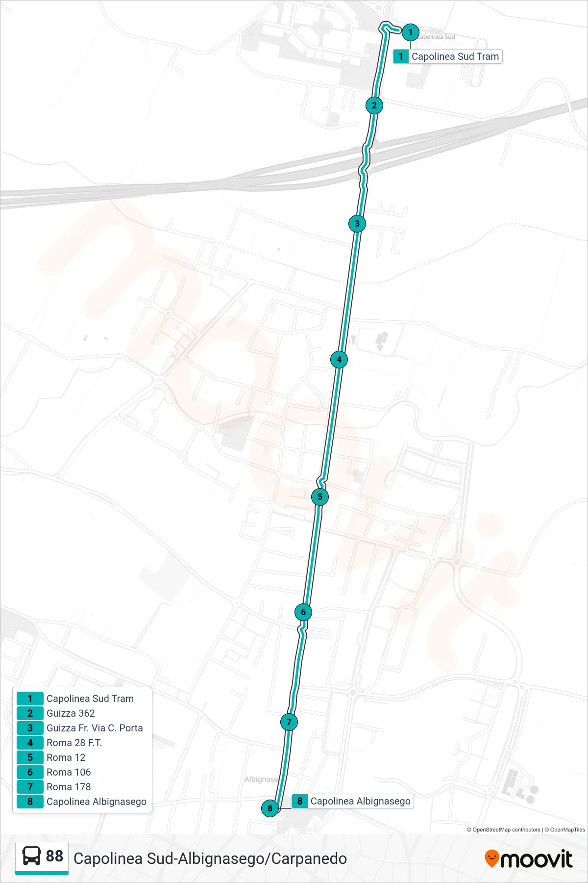 Linea 88 tram (Capolinea Sud Tram > Albignasego) - Percorsi e fermate sulla mappa