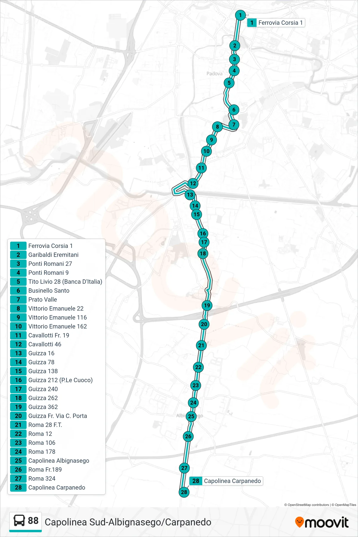 Linea 88 tram (Ferrovia > Capolinea Carpanedo) - Percorsi e fermate sulla mappa