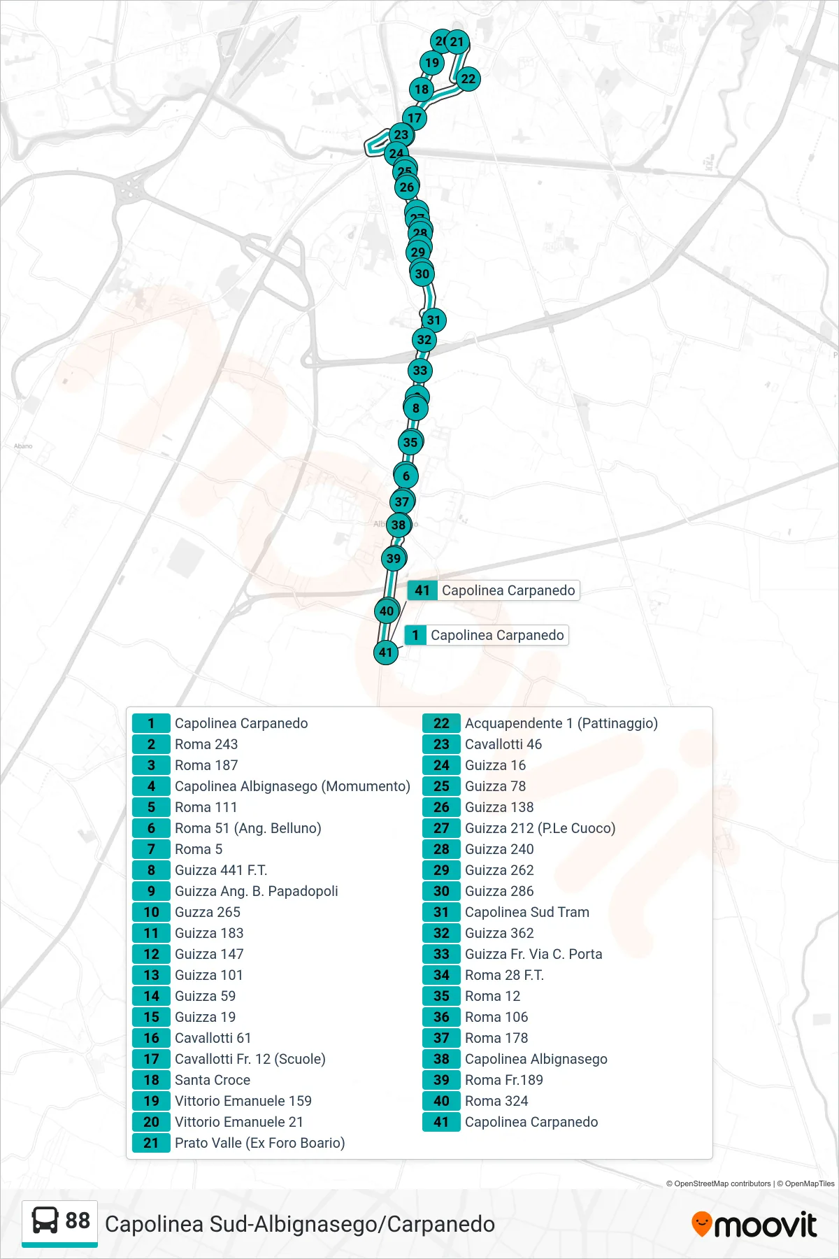 Linea 88 tram (Carpanedo > Albignasego > Guizza > Prato Valle > Bassanello > Carpanedo) - Percorsi e fermate sulla mappa