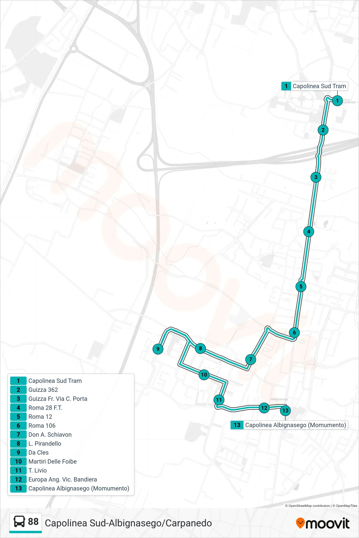 Linea 88  tram (Capolinea Sud Tram > Via San Tommaso > Albignasego Monumento) - Percorsi e fermate sulla mappa
