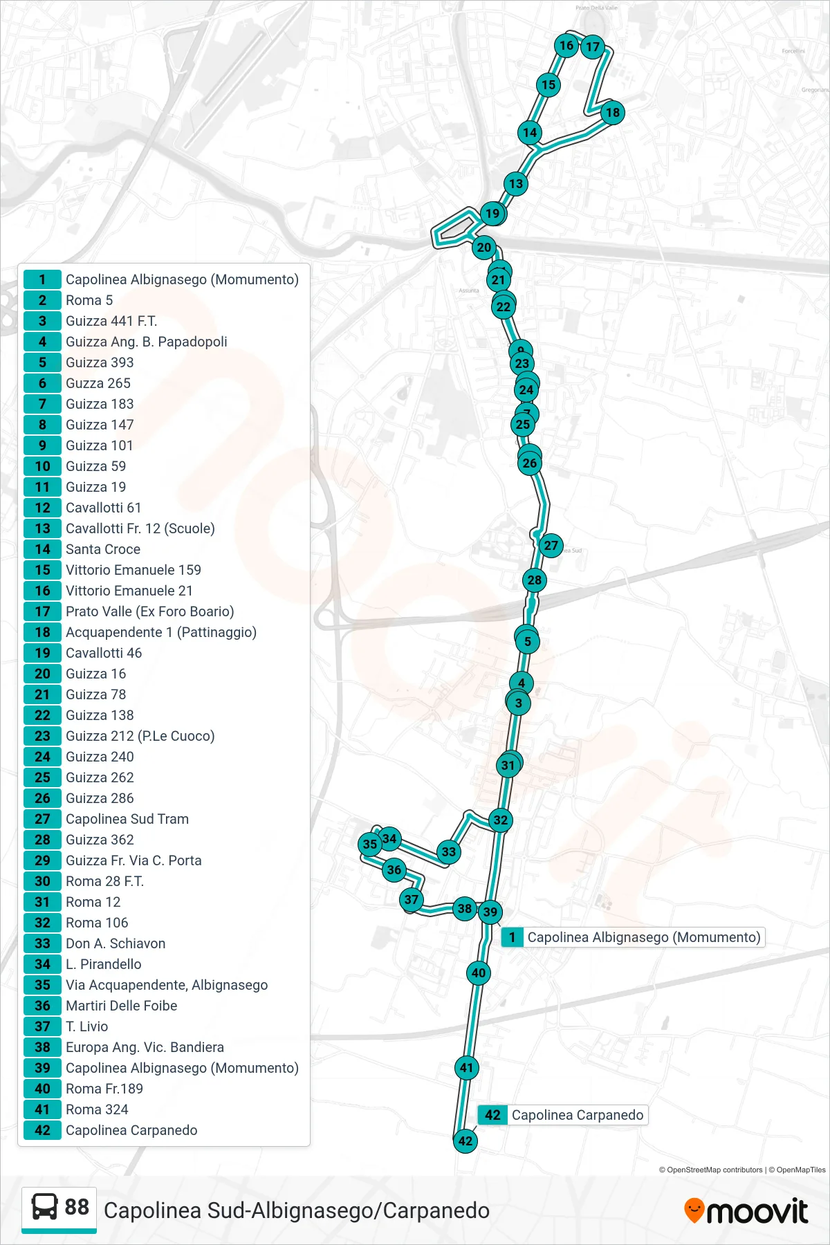 Linea 88 tram (Albignasego Monumento > Prato Valle > Bassanello > Capolinea Sud Tram > Carpanedo) - Percorsi e fermate sulla mappa