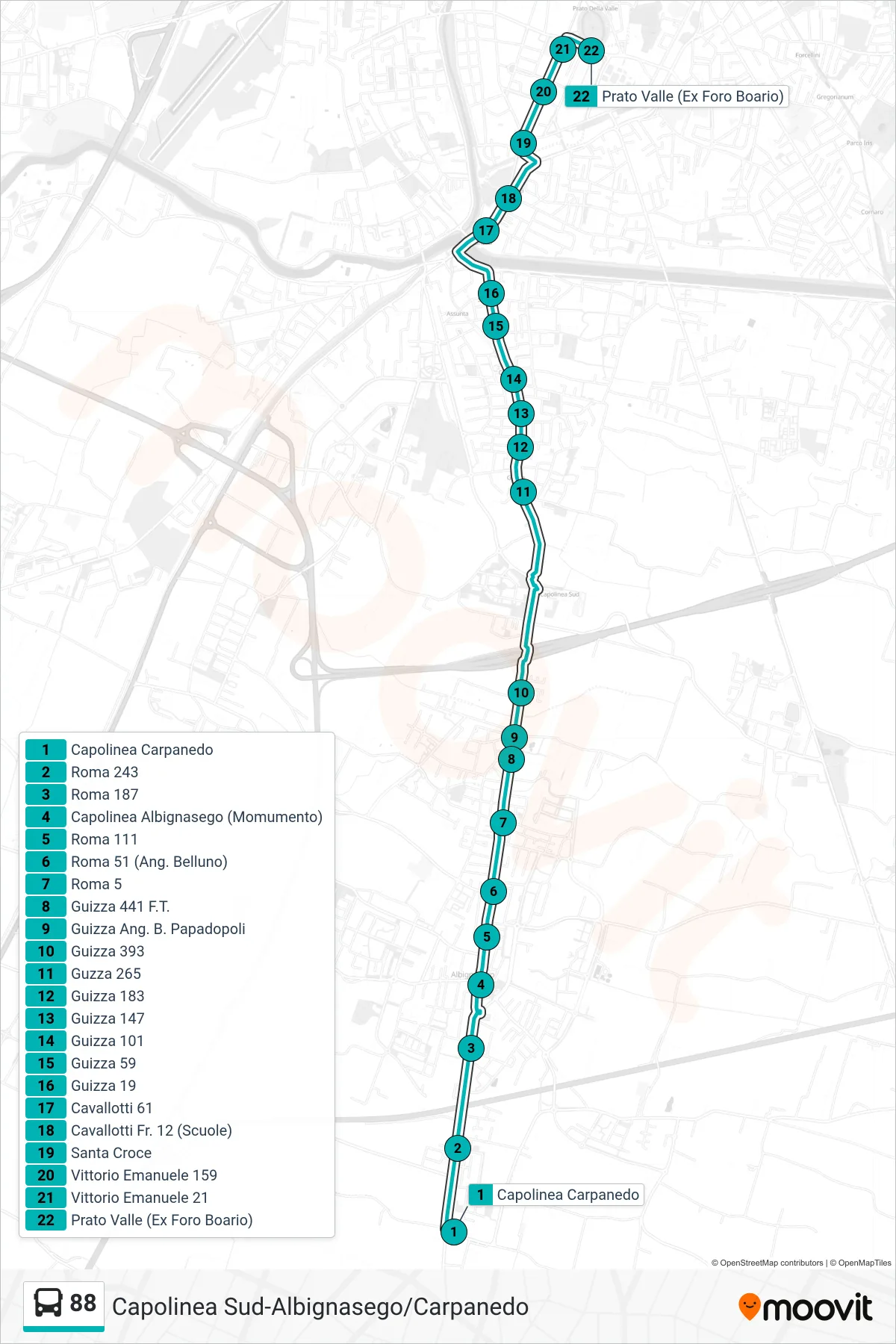Linea 88 tram (Capolinea Carpanedo > Prato Valle (Ex Foro Boario)) - Percorsi e fermate sulla mappa