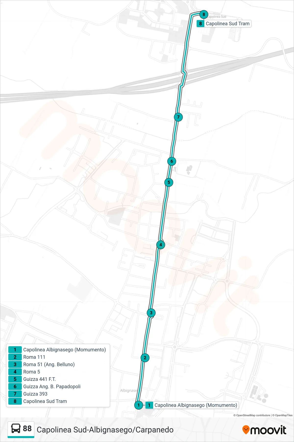 Linea 88 tram (Albignasego Monumento > Capolinea Sud Tram) - Percorsi e fermate sulla mappa