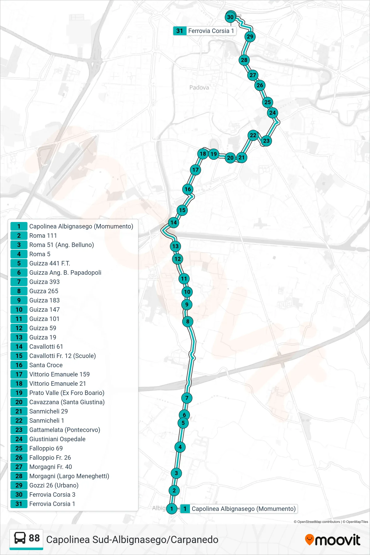Linea 88  tram (Albignasego Monumento > Ferrovia Corsia 1) - Percorsi e fermate sulla mappa