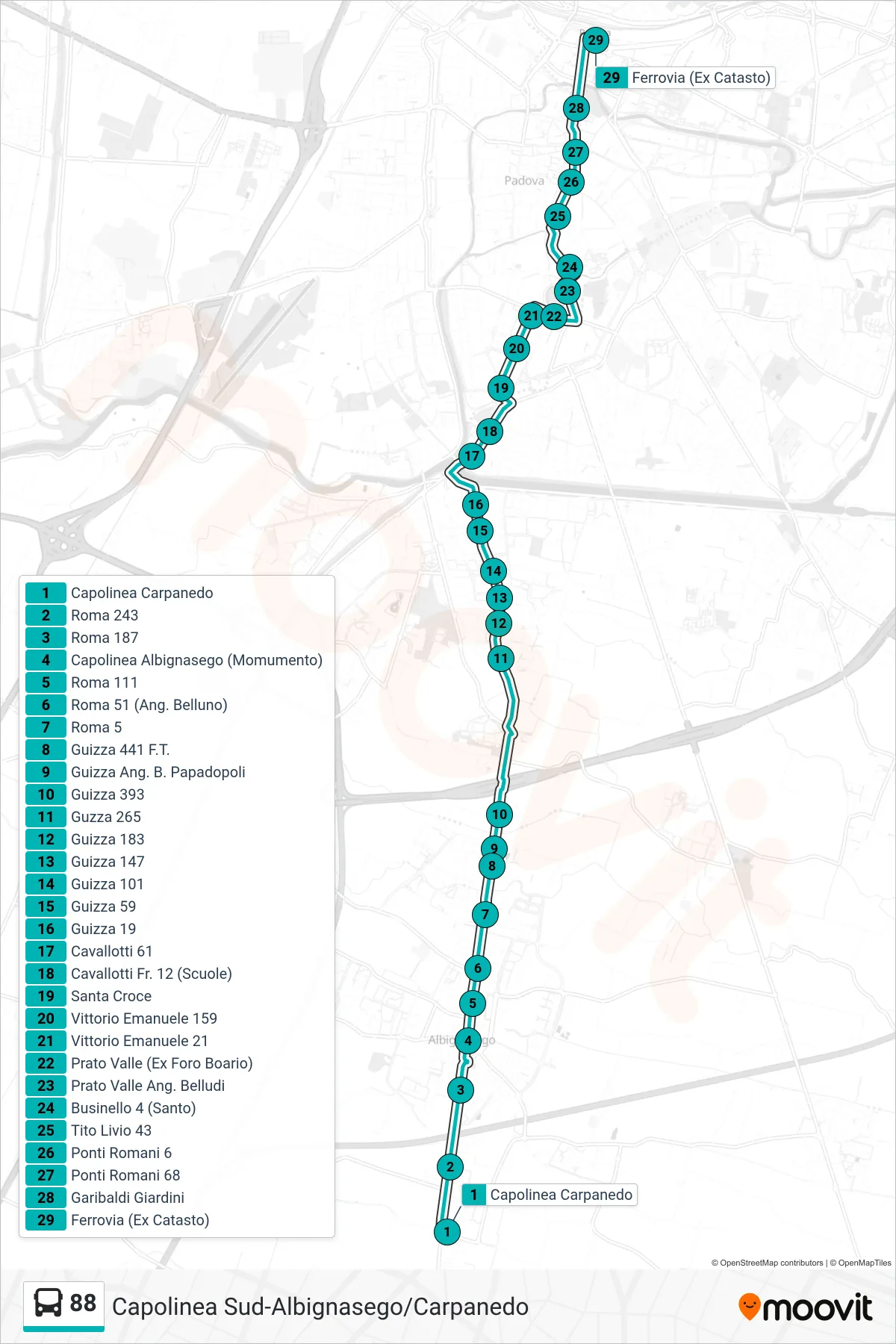 Linea 88 tram (Capolinea Carpanedo > Ferrovia (Ex Catasto)) - Percorsi e fermate sulla mappa