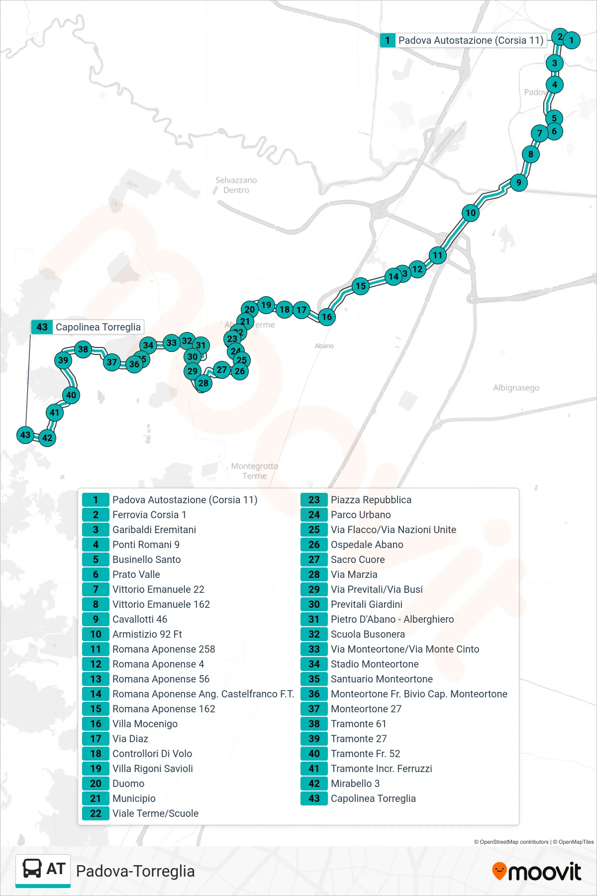Linea AT  tram (Padova Autostazione > Capolinea Torreglia) - Percorsi e fermate sulla mappa