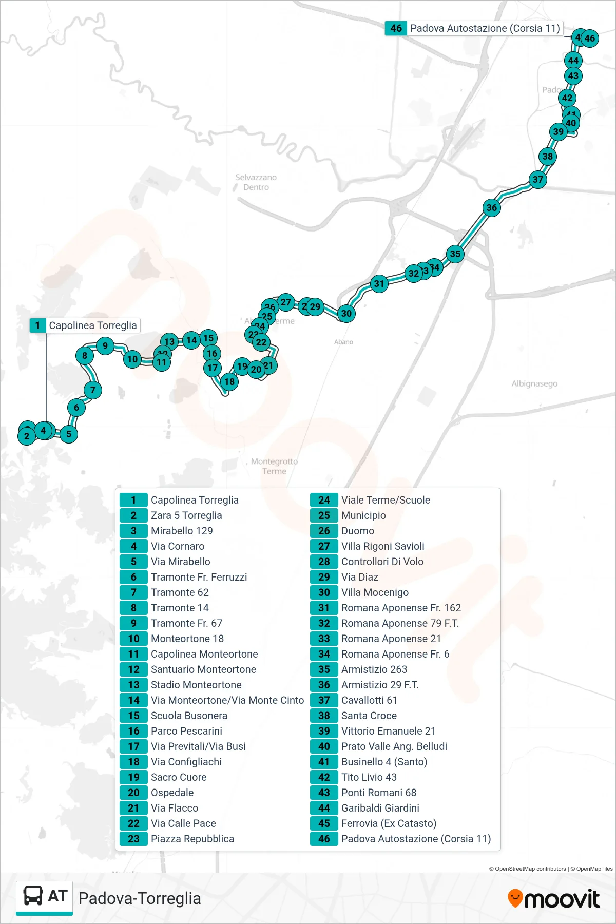 Linea AT  tram (Capolinea Torreglia > Padova Autostazione) - Percorsi e fermate sulla mappa