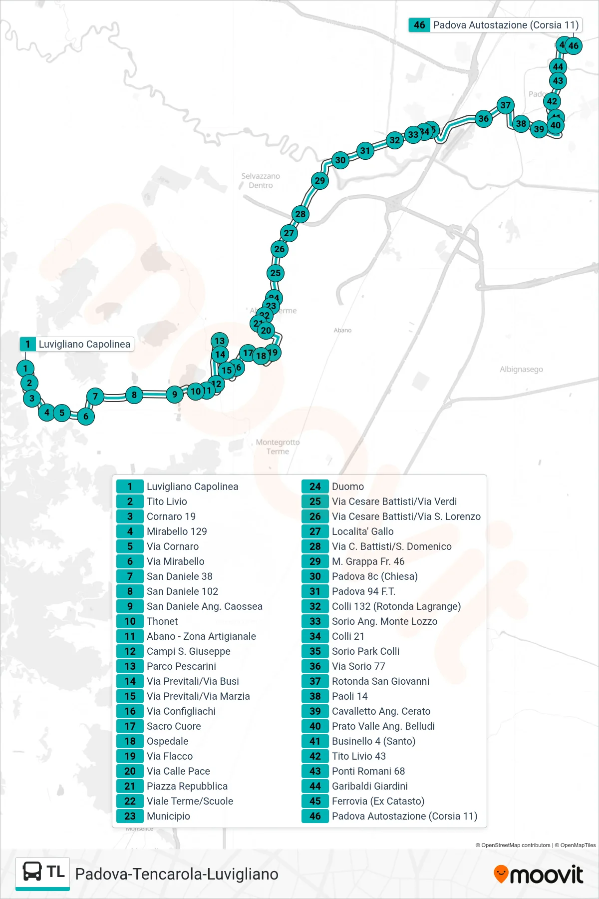 Linea TL  tram (Luvigliano > Tencarola > Padova Autostazione) - Percorsi e fermate sulla mappa